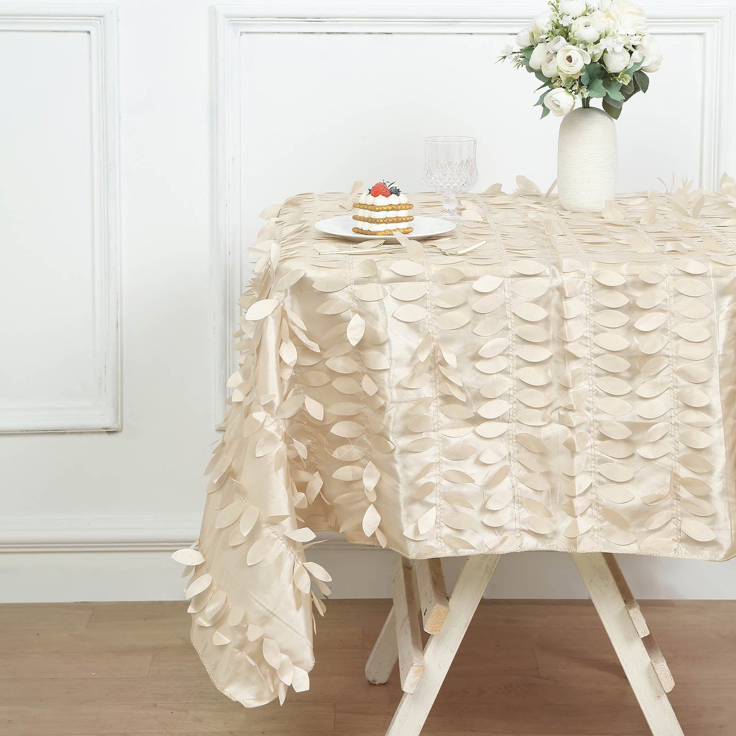 54inch Beige 3D Leaf Petal Taffeta Fabric Square Tablecloth