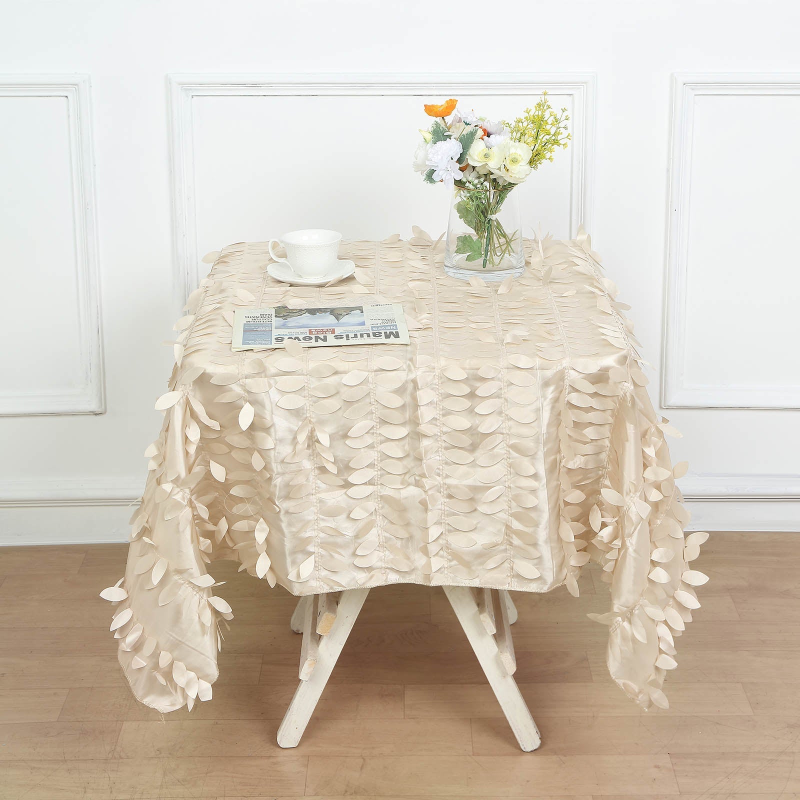 54inch Beige 3D Leaf Petal Taffeta Fabric Square Tablecloth