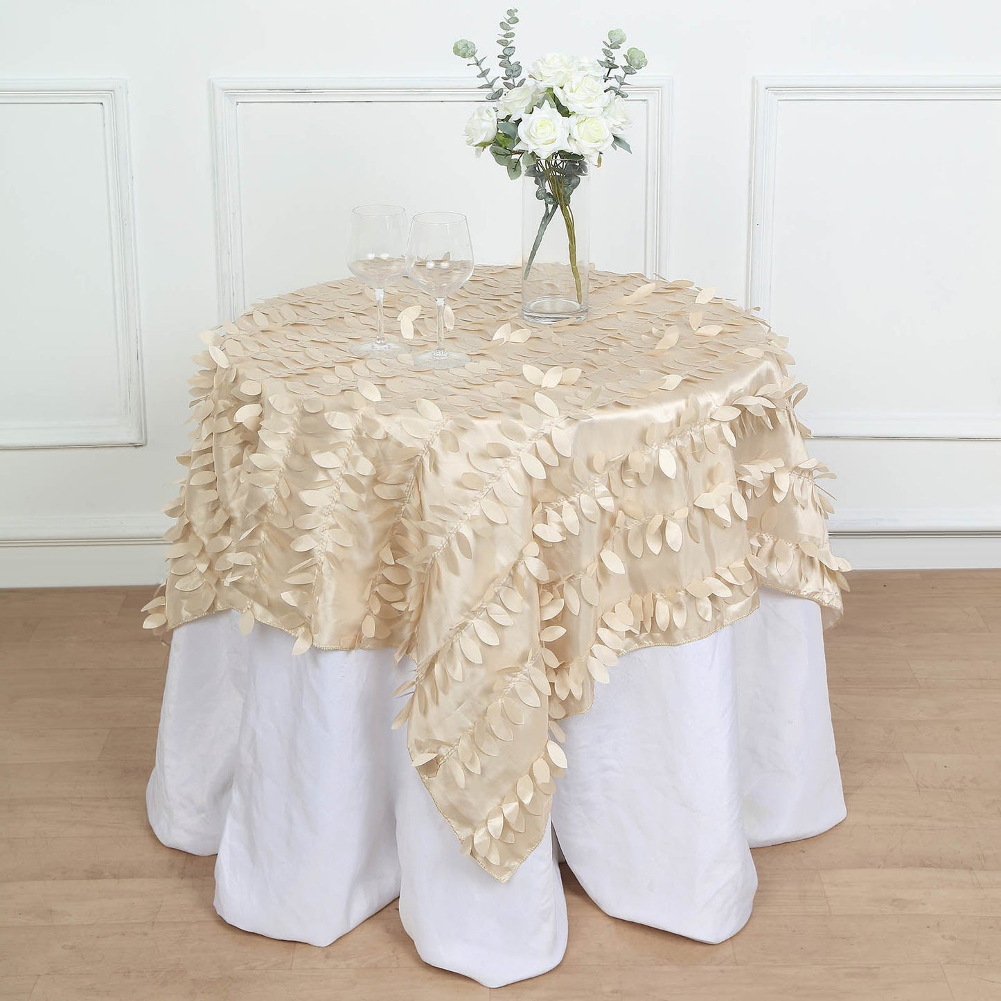 54" Beige 3D Leaf Petal Taffeta Fabric Square Tablecloth