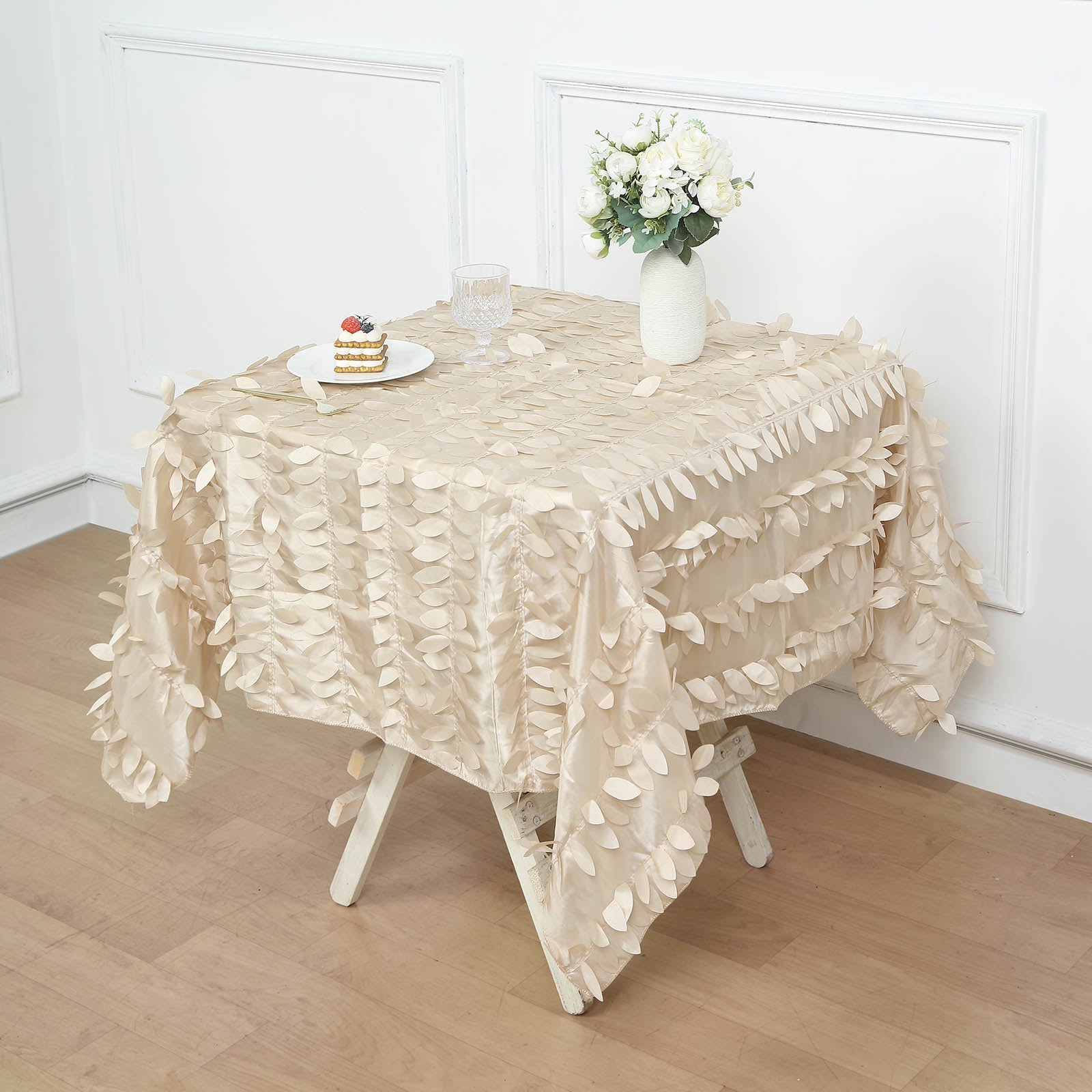 54inch Beige 3D Leaf Petal Taffeta Fabric Square Tablecloth