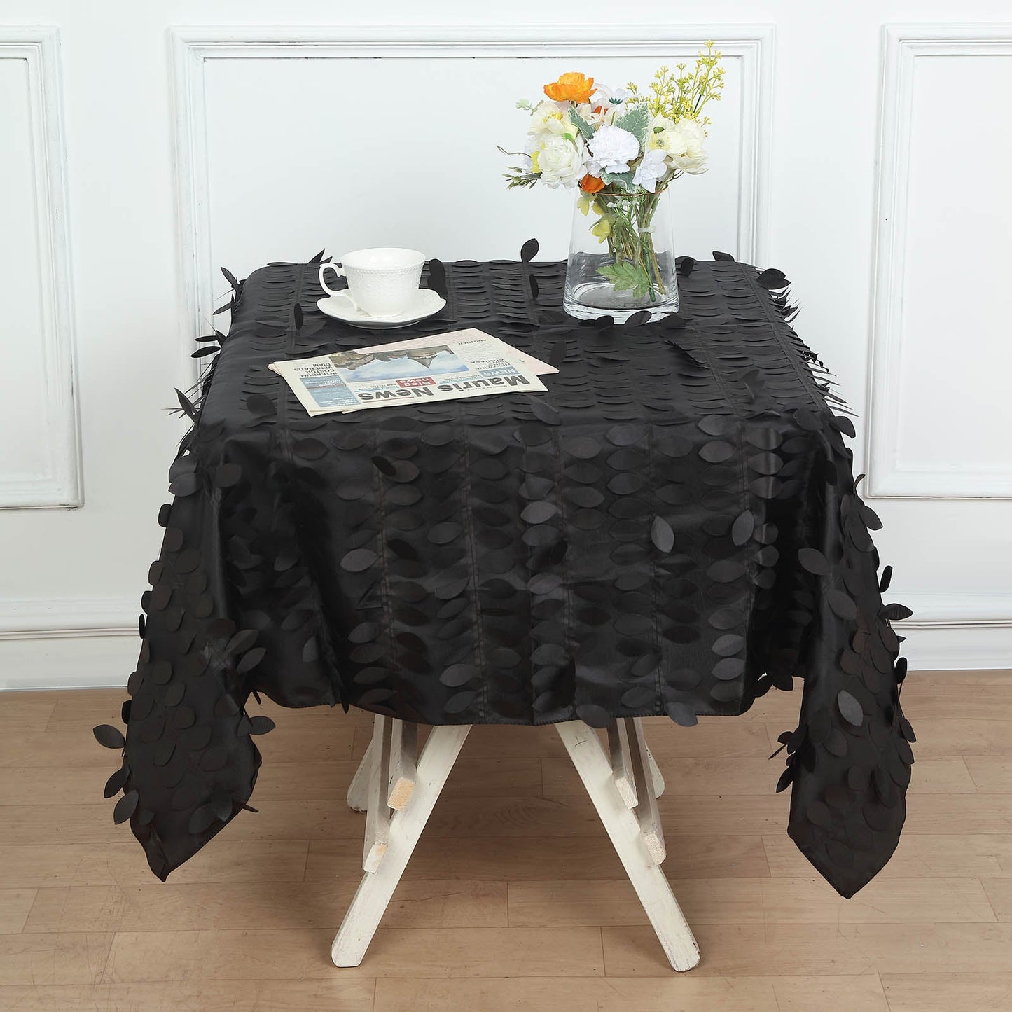 54inch Black 3D Leaf Petal Taffeta Fabric Square Tablecloth