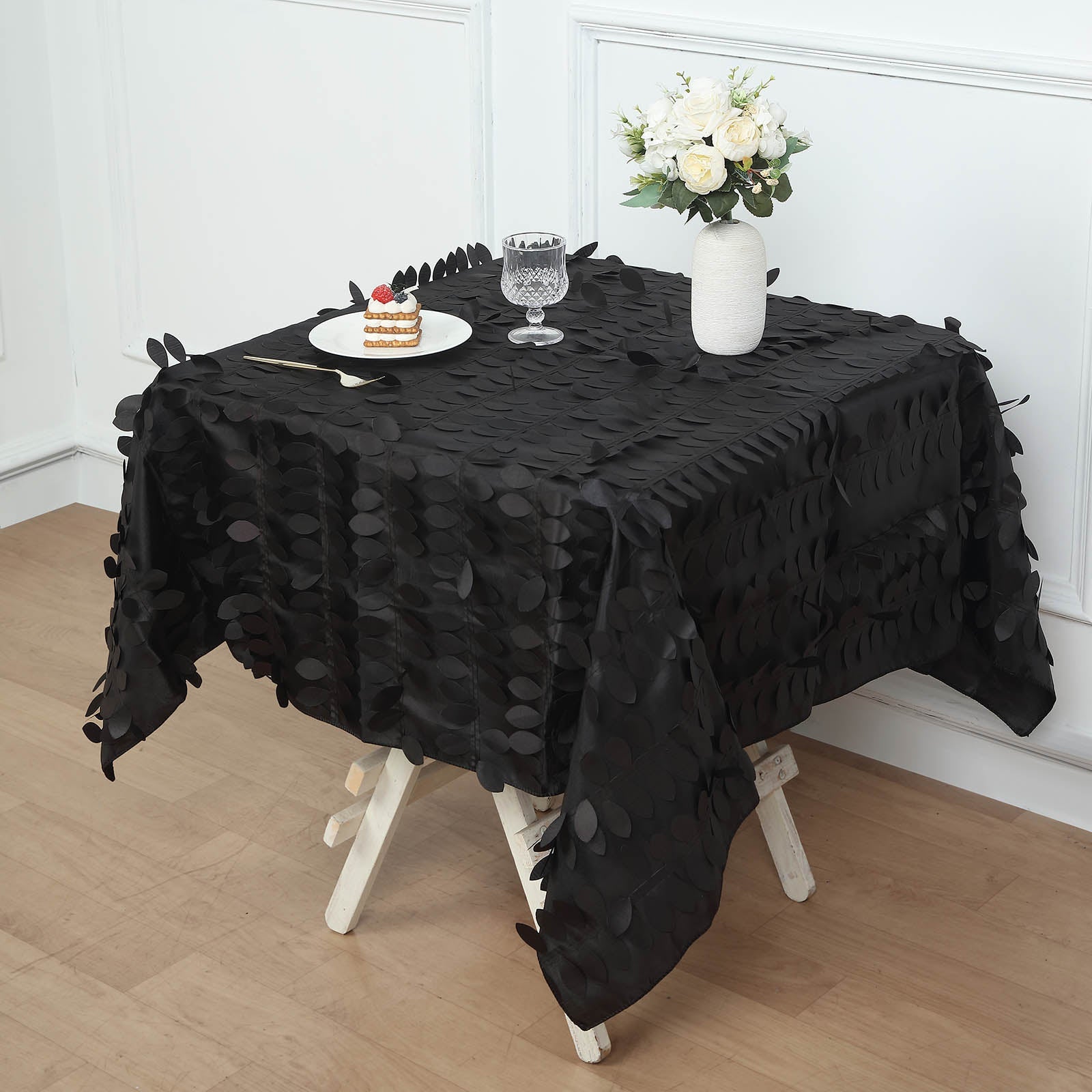 54inch Black 3D Leaf Petal Taffeta Fabric Square Tablecloth