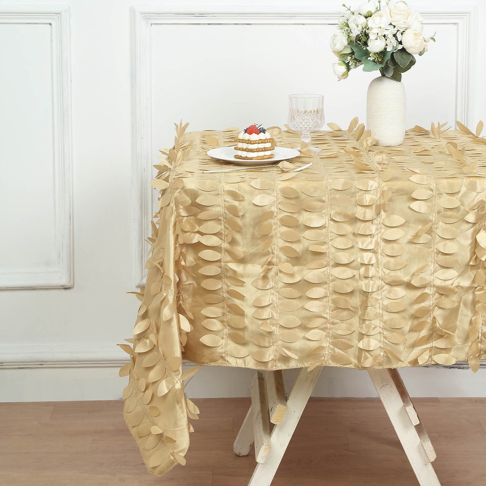 54inch Champagne 3D Leaf Petal Taffeta Fabric Square Tablecloth