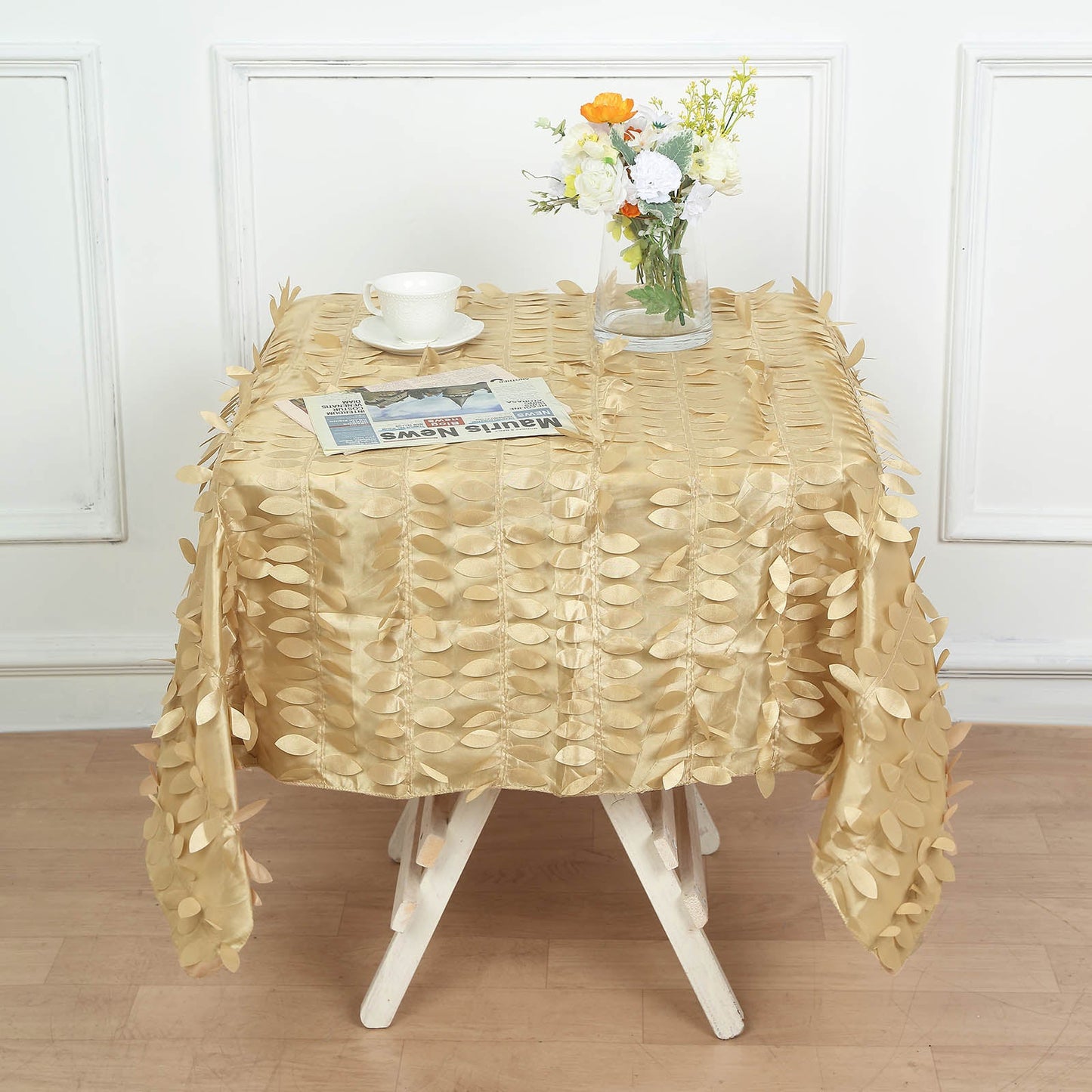 54inch Champagne 3D Leaf Petal Taffeta Fabric Square Tablecloth