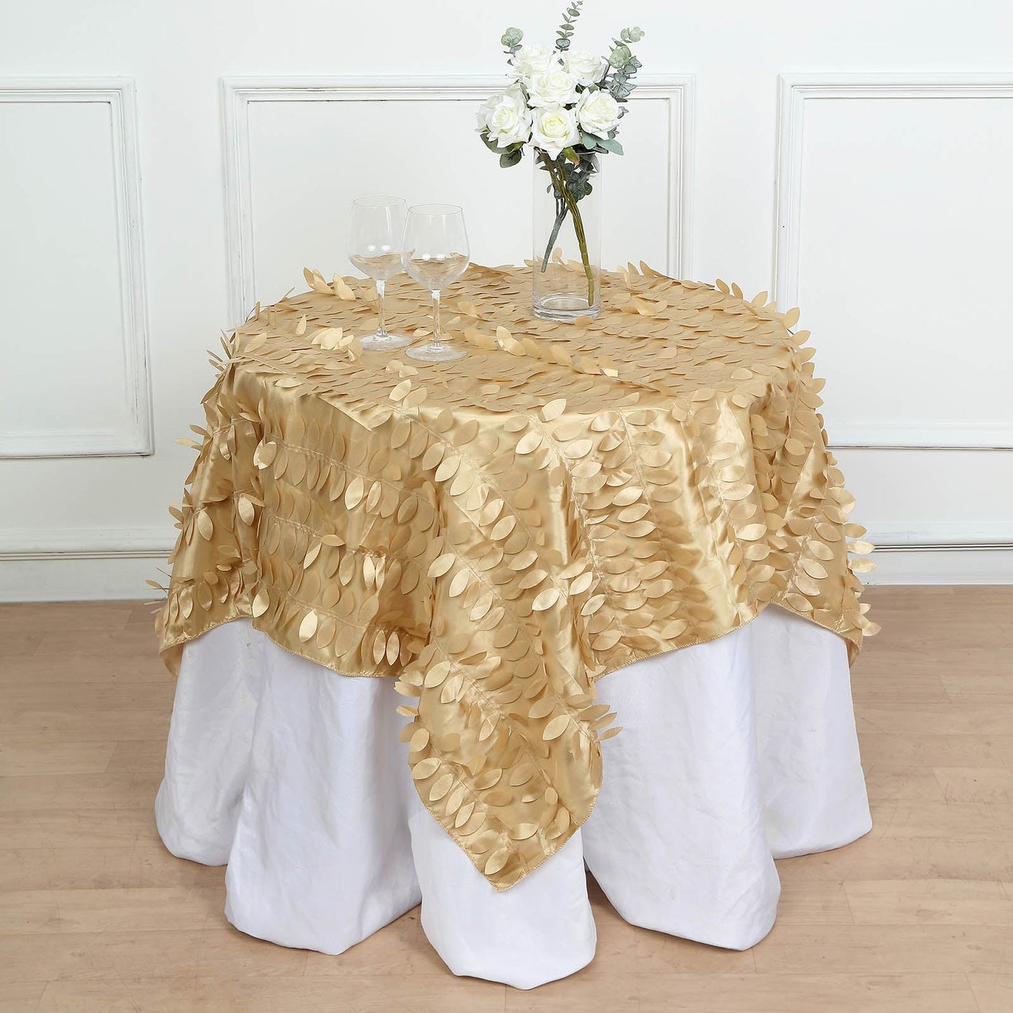 54" Champagne 3D Leaf Petal Taffeta Fabric Square Tablecloth