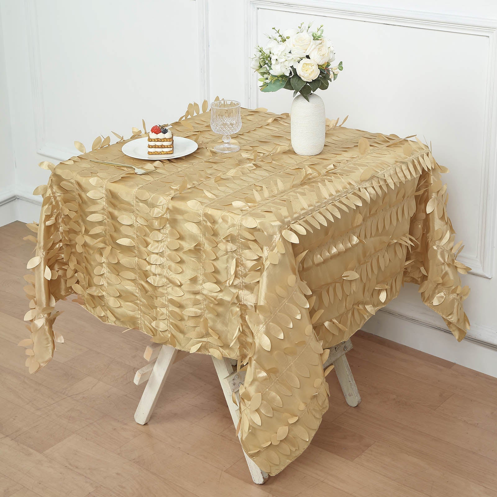 54inch Champagne 3D Leaf Petal Taffeta Fabric Square Tablecloth