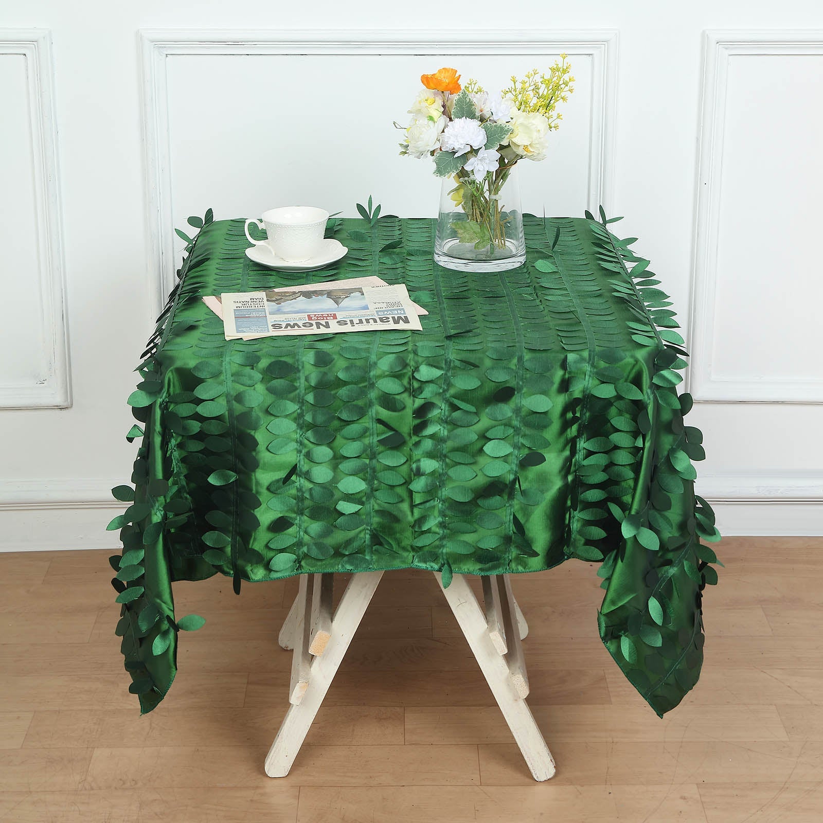 54inch Green 3D Leaf Petal Taffeta Fabric Square Tablecloth