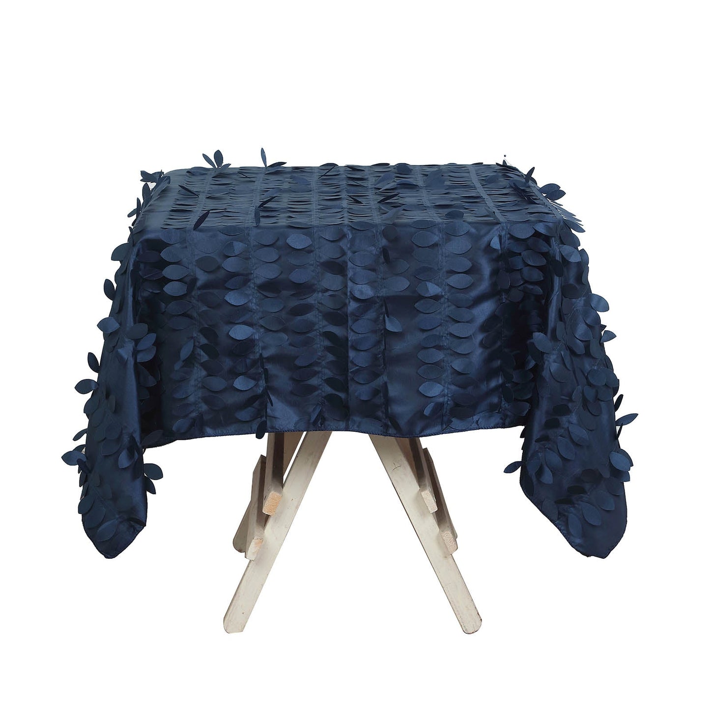 Navy blue 3D leaf petal taffeta square tablecloth on a wooden table.