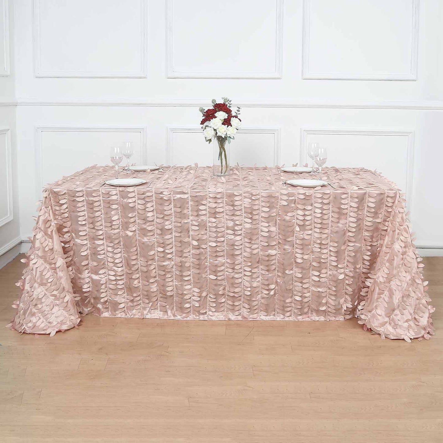 90 Inch x 132 Inch - Dusty Rose Rectangle Taffeta 3D Leaf Petal Tablecloth 