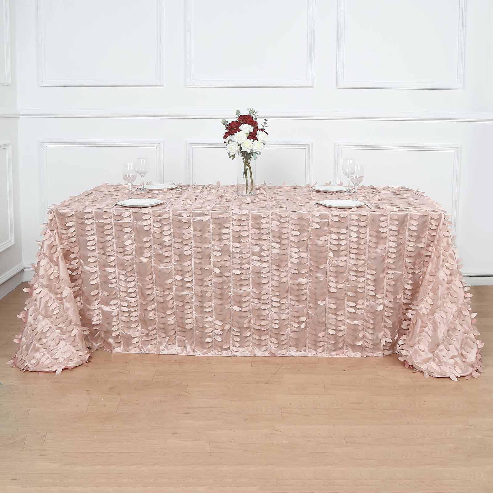 90 Inch x 132 Inch - Dusty Rose Rectangle Taffeta 3D Leaf Petal Tablecloth 