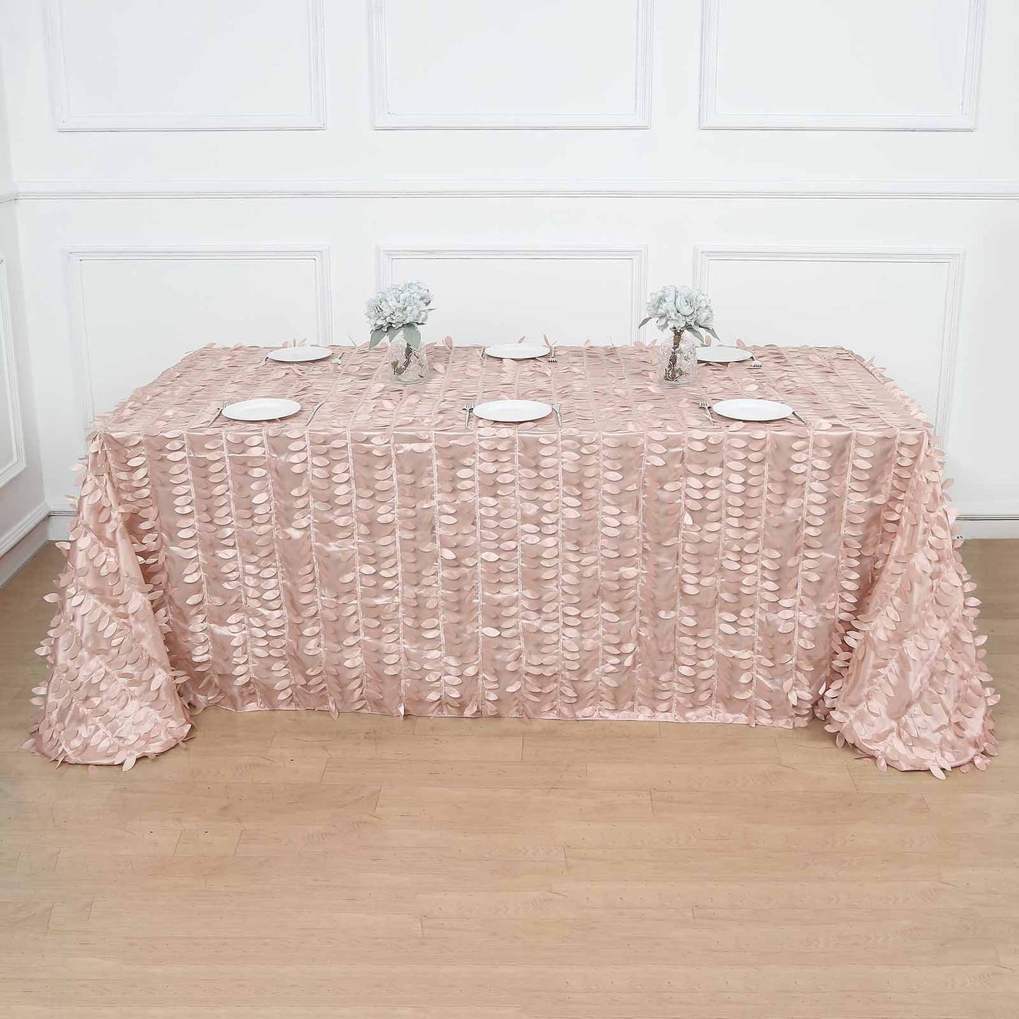 90"x132" Dusty Rose 3D Leaf Petal Taffeta Fabric Seamless Rectangle Tablecloth