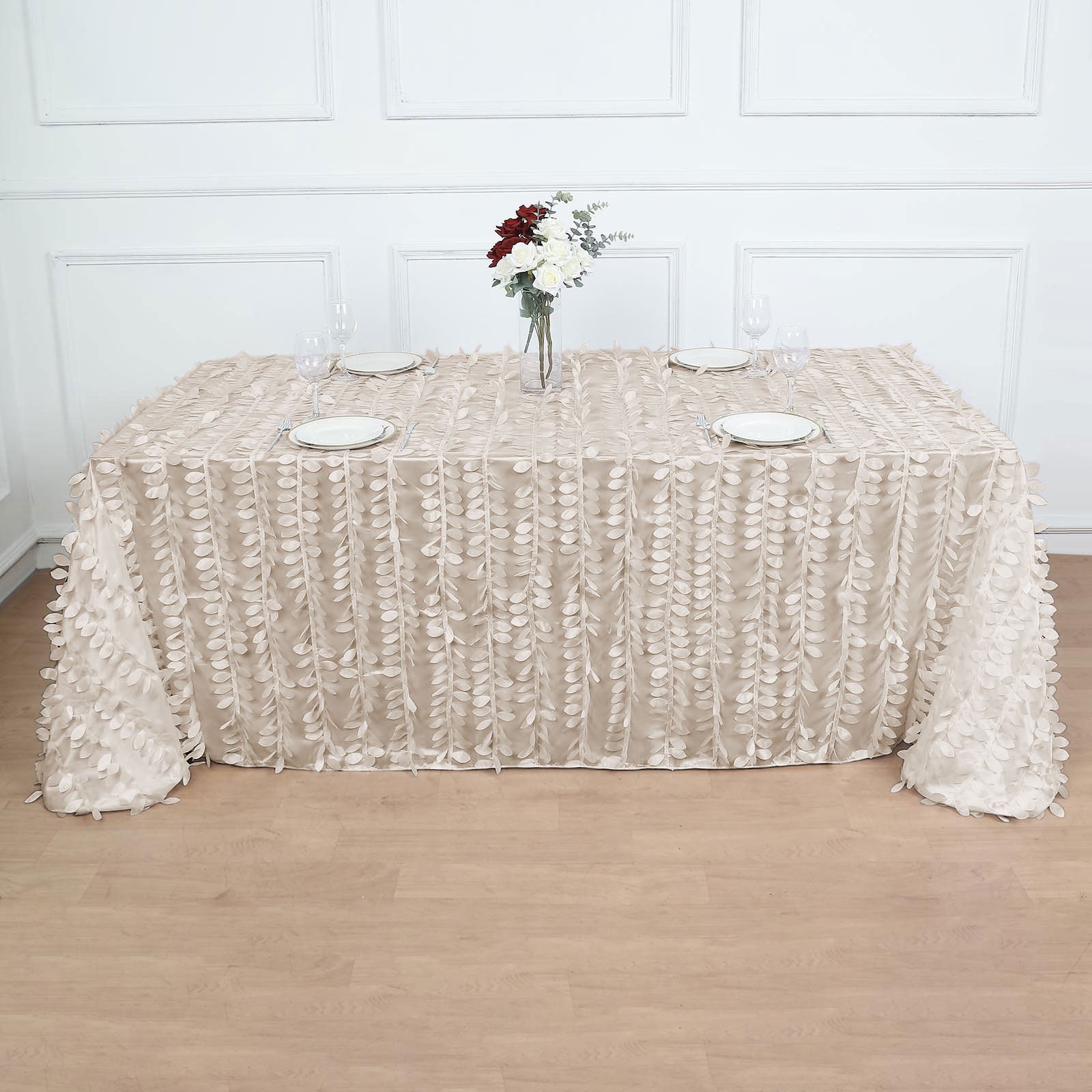 3D Leaf Petal Taffeta Beige Rectangle Tablecloth - 90 Inches x 132 Inches