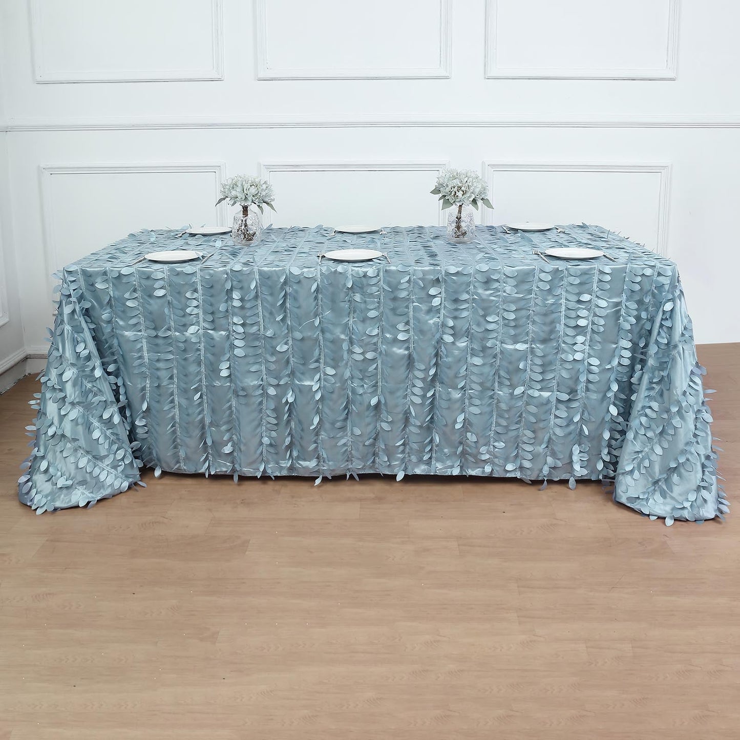 90 Inch x 132 Inch Rectangle 3D Leaf Petals Taffeta Fabric Dusty Blue Tablecloth