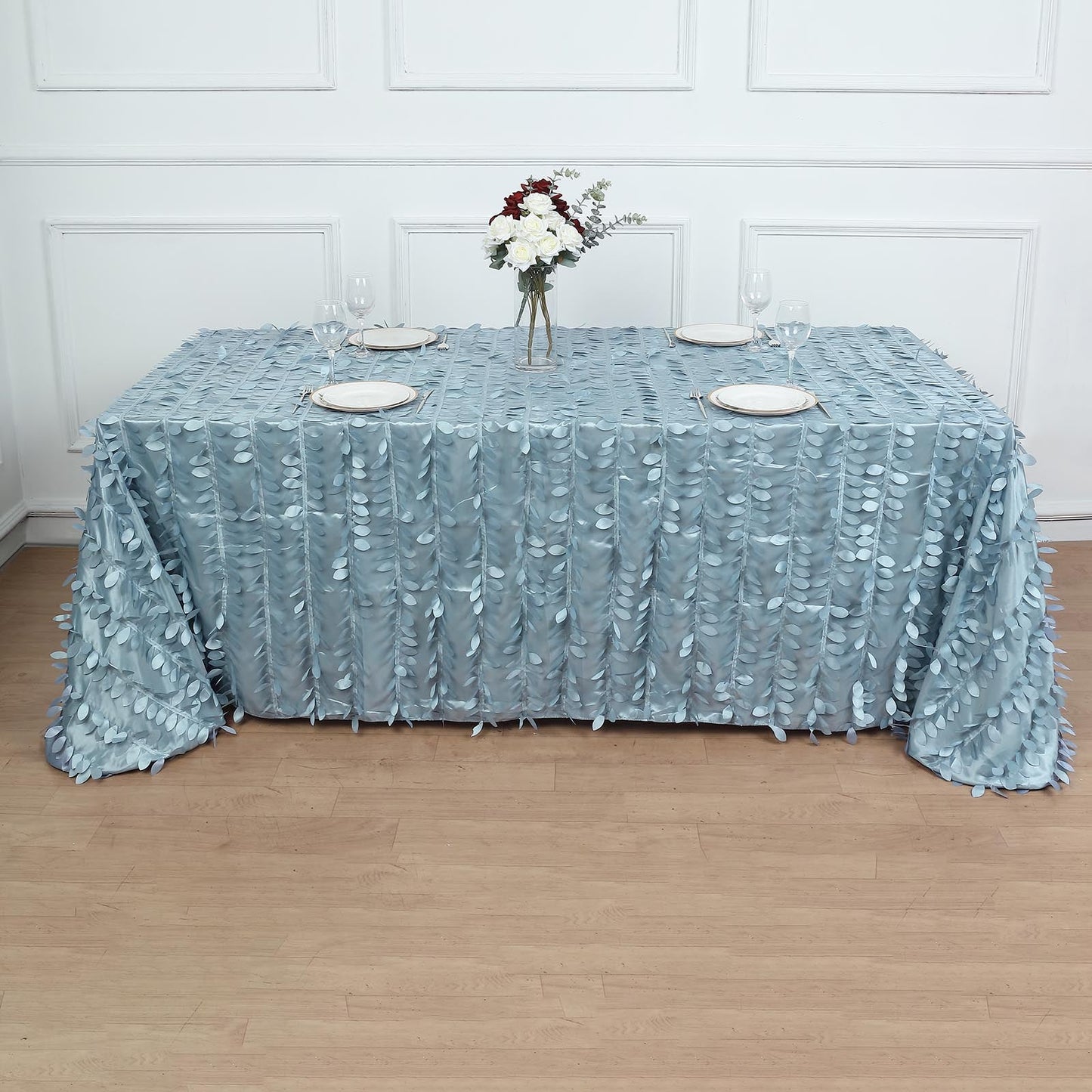 90"x132" Dusty Blue 3D Leaf Petal Taffeta Fabric Seamless Rectangle Tablecloth