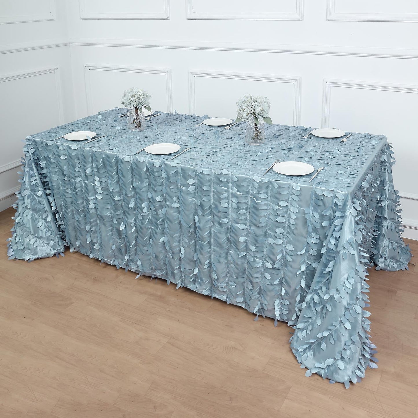Dusty Blue 3D Leaf Petal Taffeta Fabric Rectangle Tablecloth 90 Inches x 132 Inches