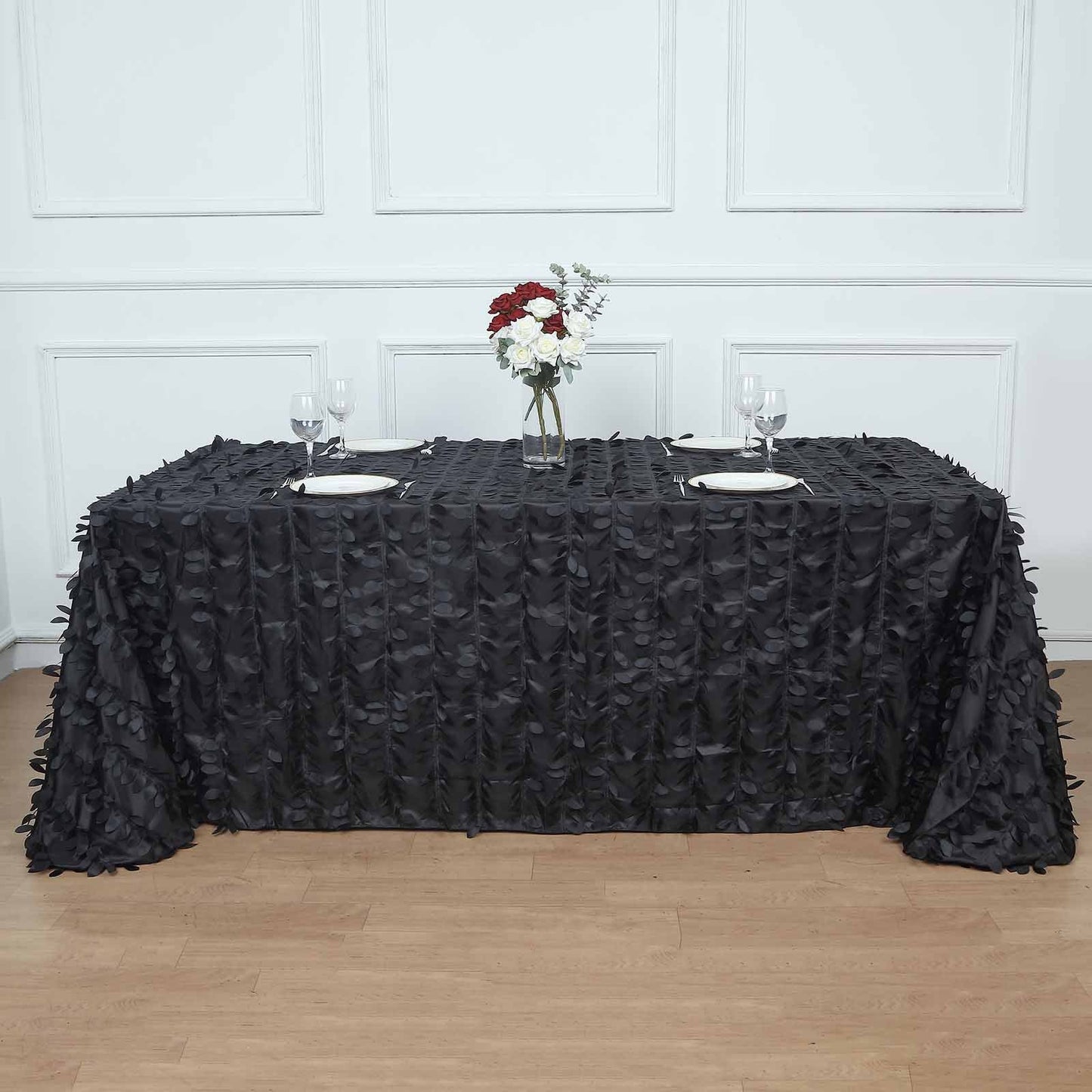 90 Inch x 132 Inch - Black Rectangle Taffeta 3D Leaf Petal Tablecloth 