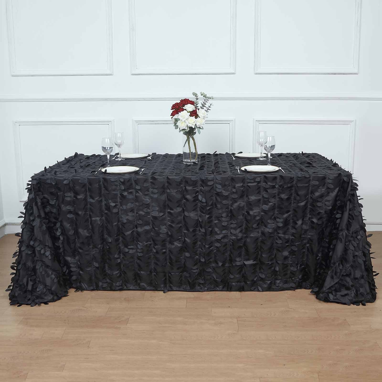 90 Inch x 132 Inch - Black Rectangle Taffeta 3D Leaf Petal Tablecloth 
