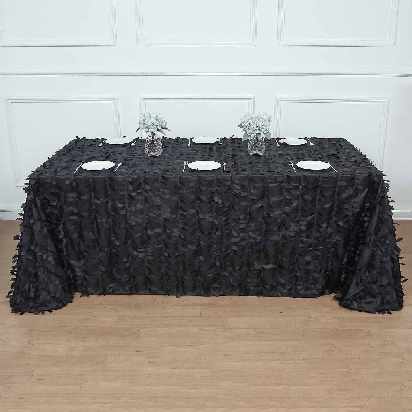 90"x132" Black 3D Leaf Petal Taffeta Fabric Seamless Rectangle Tablecloth