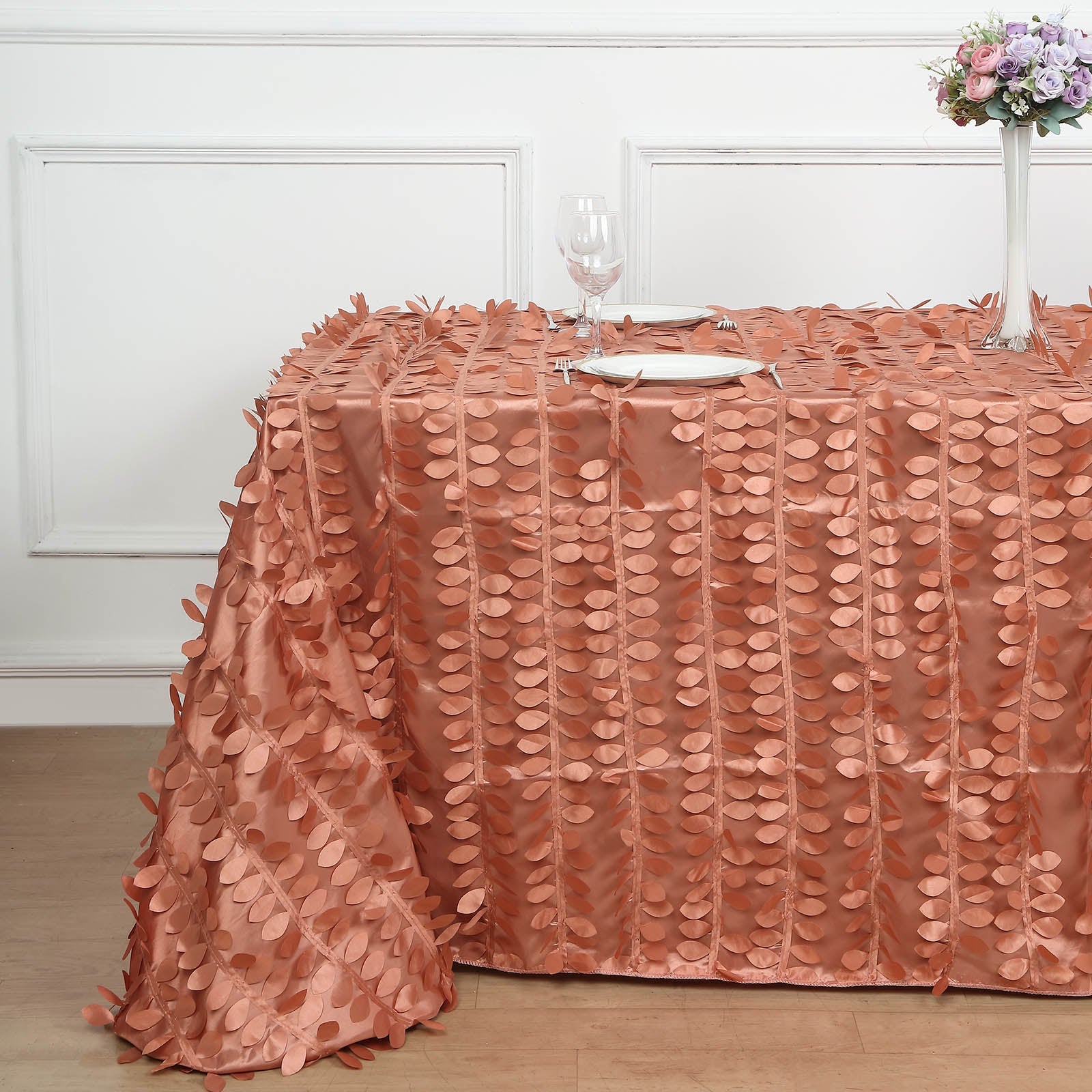 90x132inch Terracotta 3D Leaf Petal Taffeta Fabric Rectangle Tablecloth