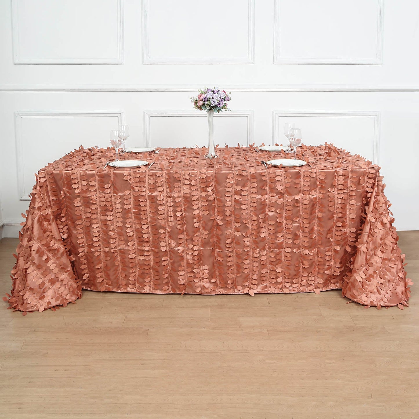 90"x156" Terracotta (Rust) 3D Leaf Petal Taffeta Fabric Seamless Rectangle Tablecloth