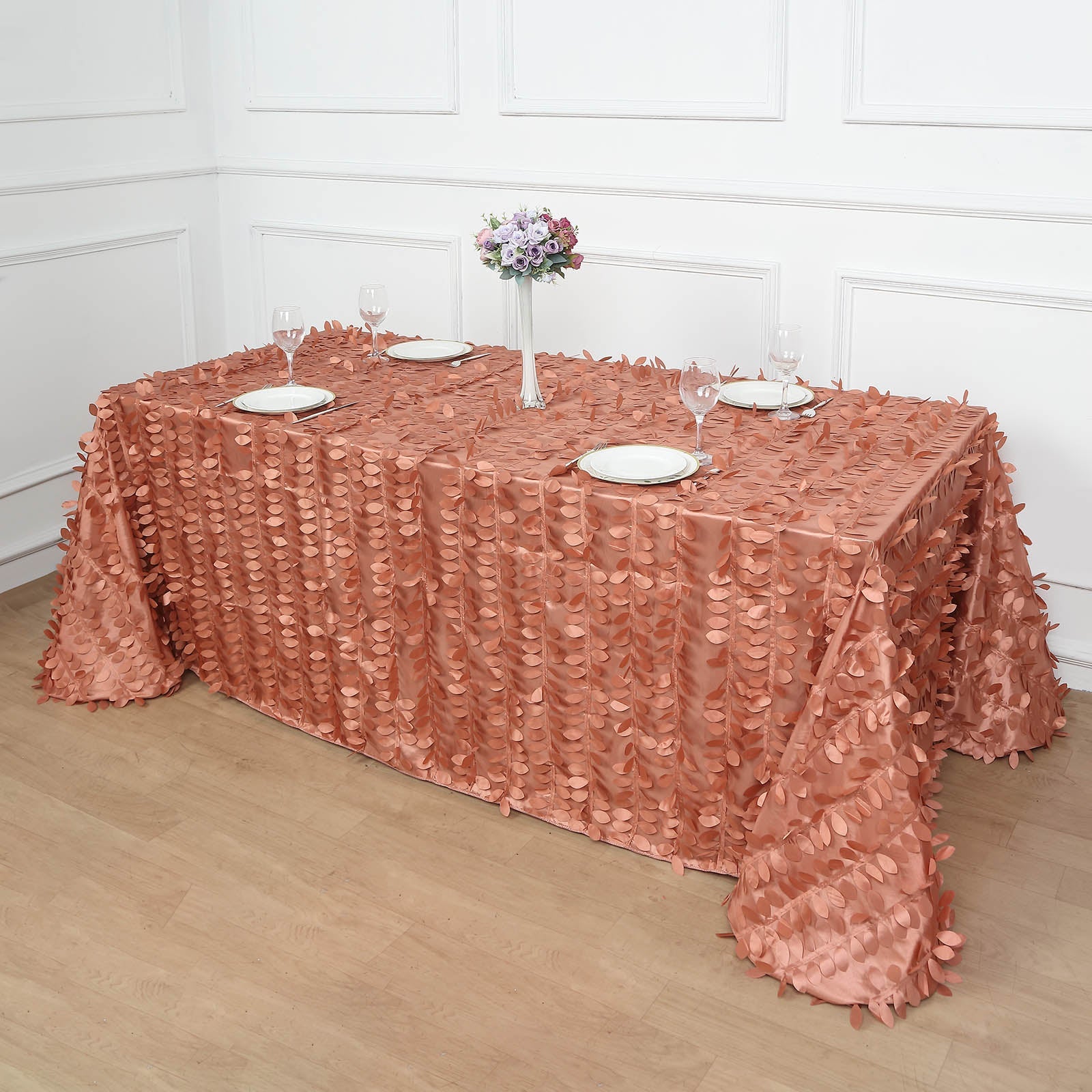 90x156inch Terracotta 3D Leaf Petal Taffeta Fabric Rectangle Tablecloth