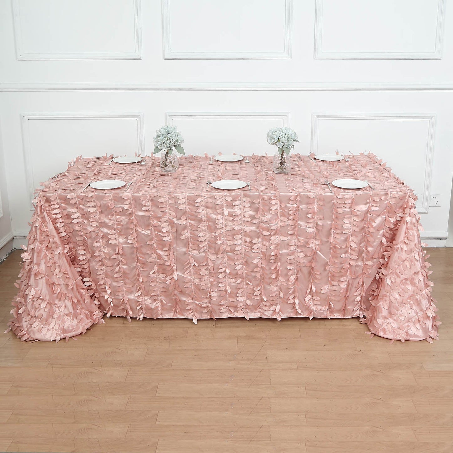 90"x156" Dusty Rose 3D Leaf Petal Taffeta Fabric Seamless Rectangle Tablecloth