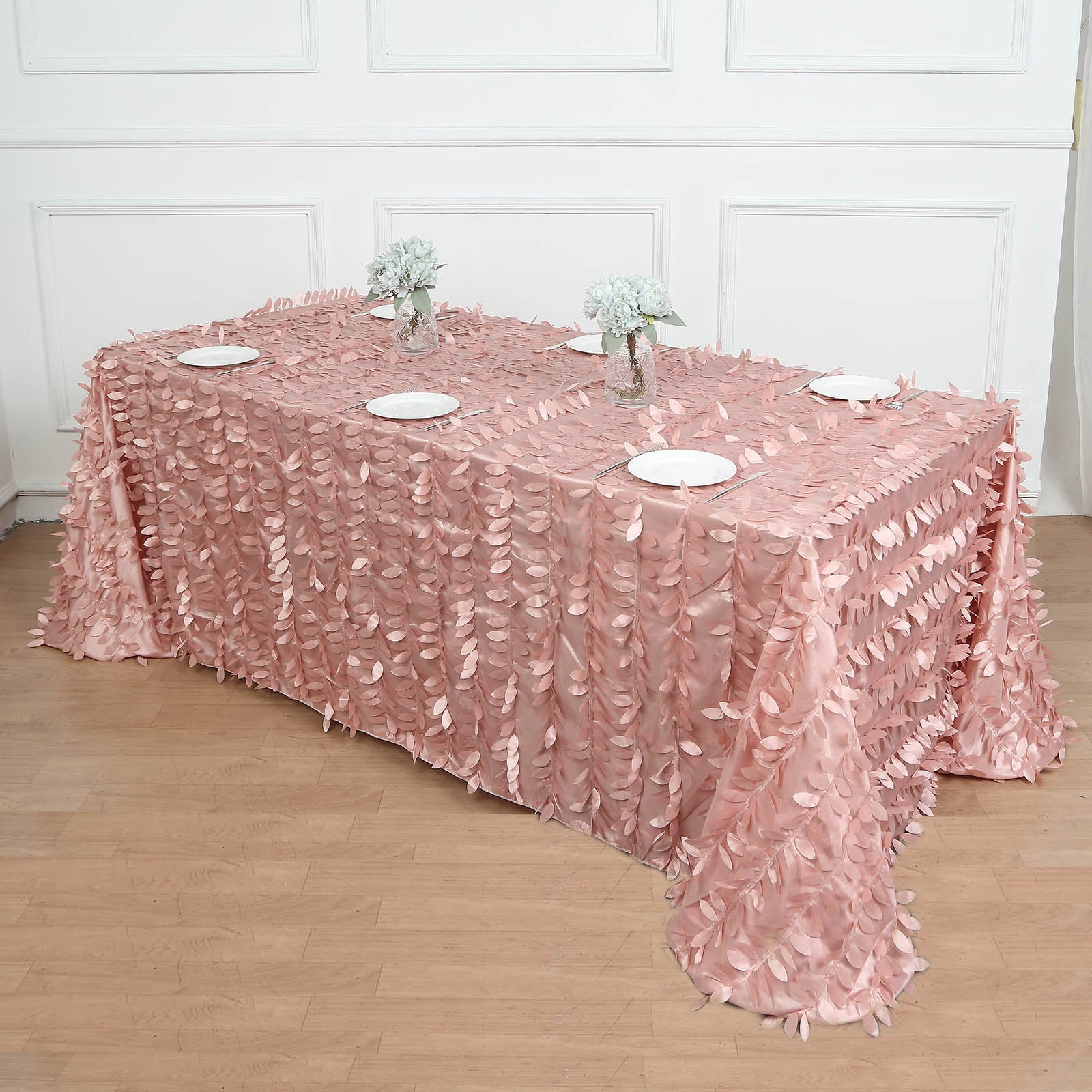 90x156inch Dusty Rose 3D Leaf Petal Taffeta Fabric Rectangle Tablecloth