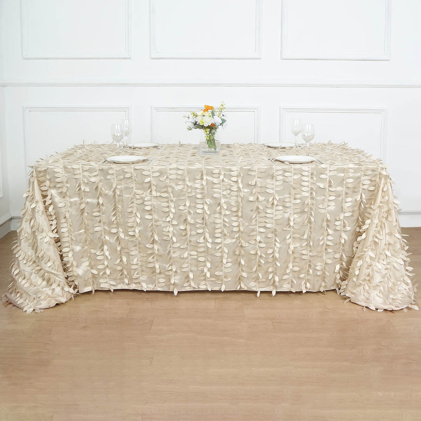 90x156inch Beige 3D Leaf Petal Taffeta Fabric Rectangle Tablecloth