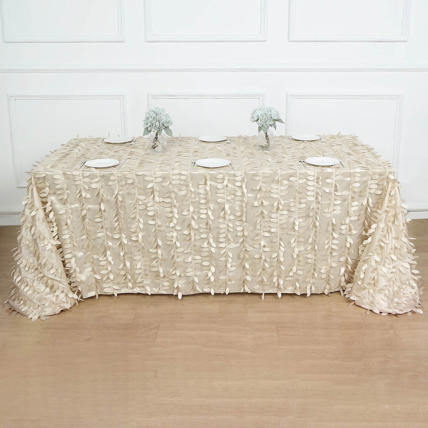 90"x156" Beige 3D Leaf Petal Taffeta Fabric Seamless Rectangle Tablecloth