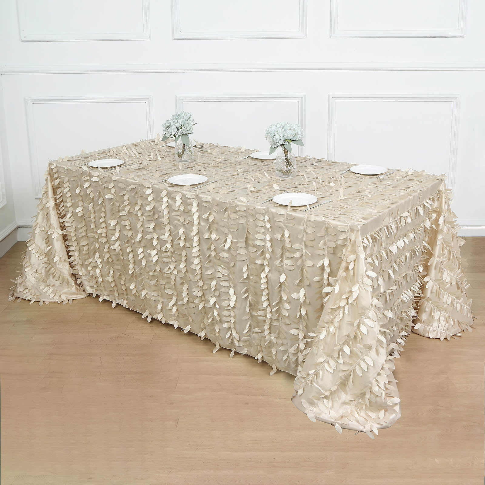 90x156inch Beige 3D Leaf Petal Taffeta Fabric Rectangle Tablecloth