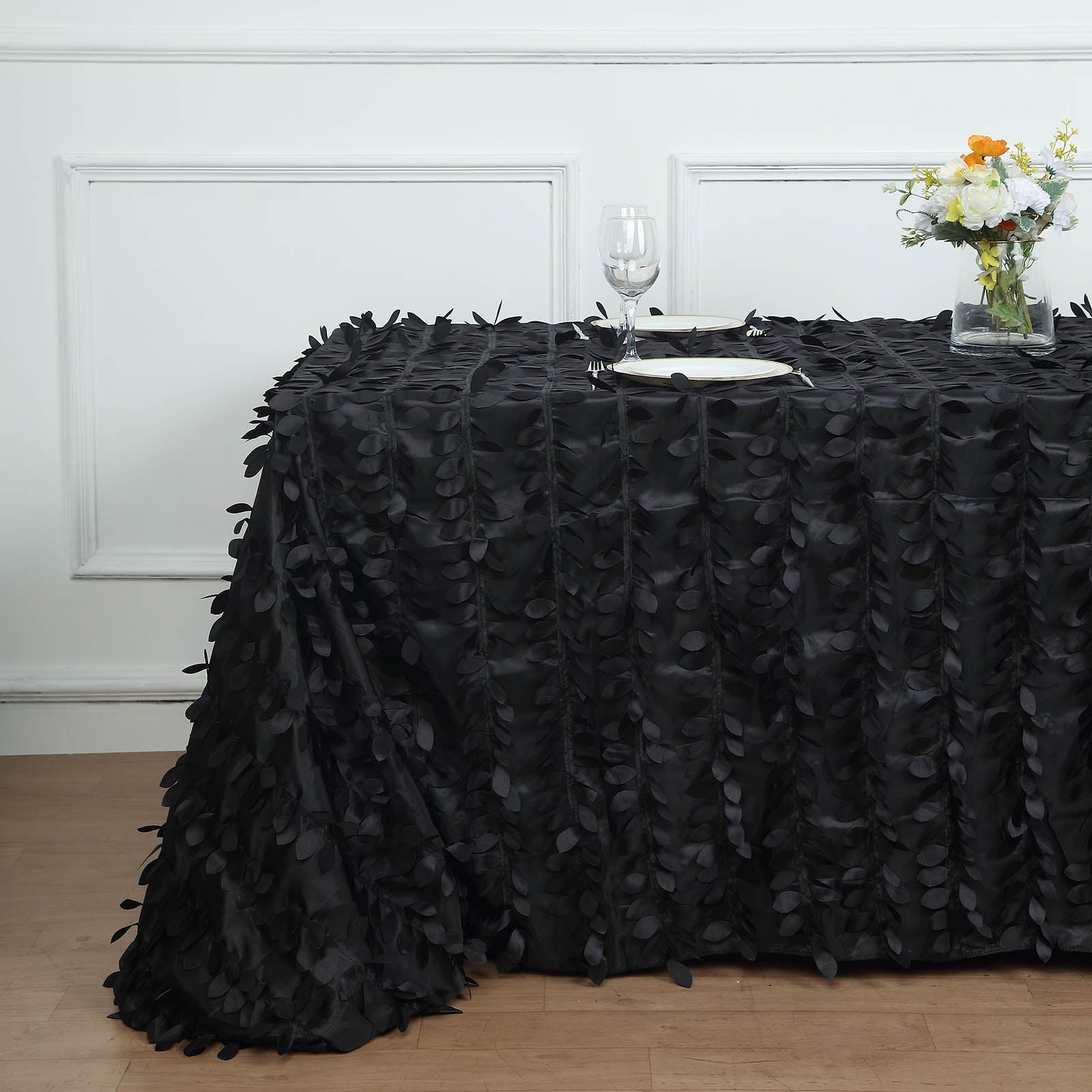 90x156inch Black 3D Leaf Petal Taffeta Fabric Rectangle Tablecloth