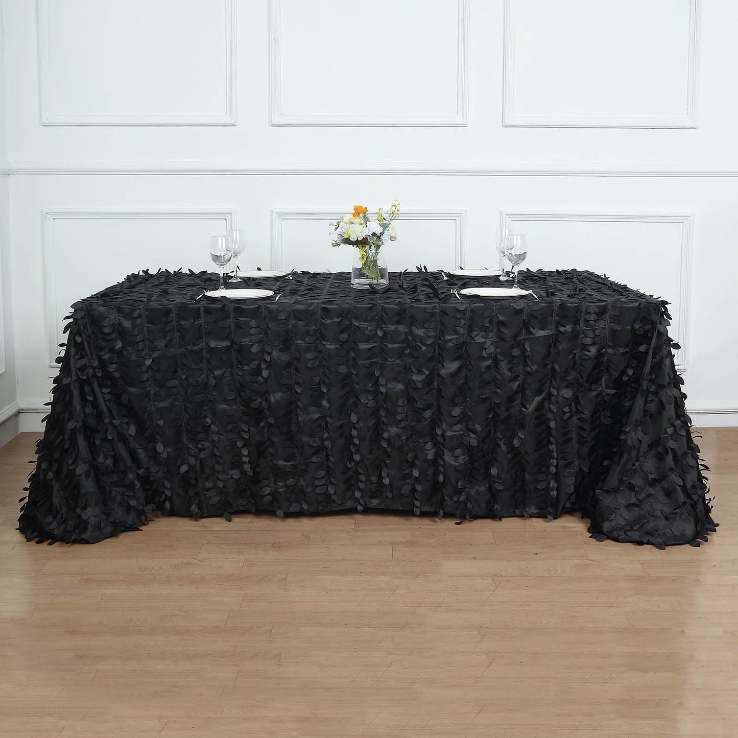 90x156inch Black 3D Leaf Petal Taffeta Fabric Rectangle Tablecloth