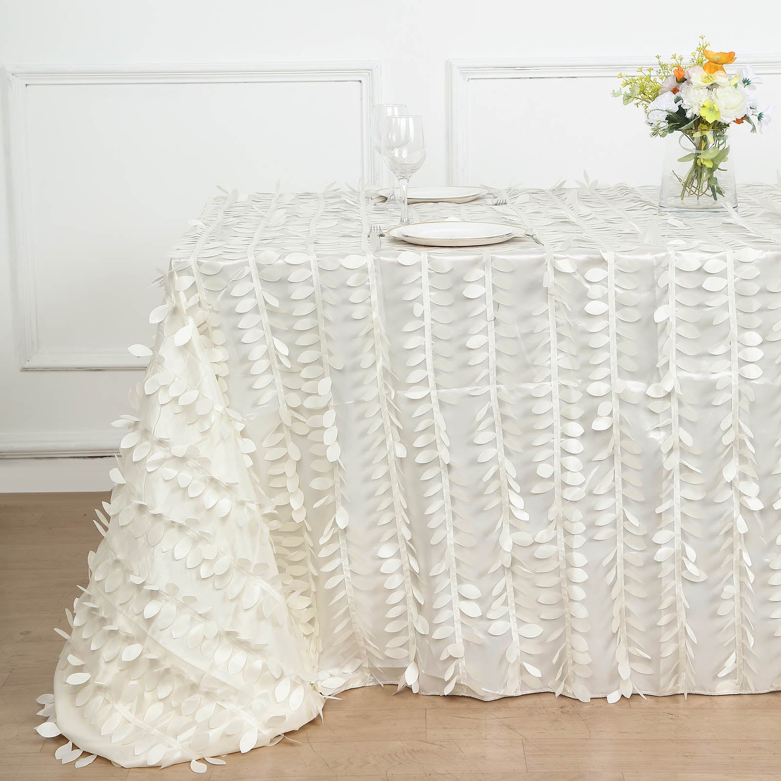 90x156inch Ivory 3D Leaf Petal Taffeta Fabric Rectangle Tablecloth
