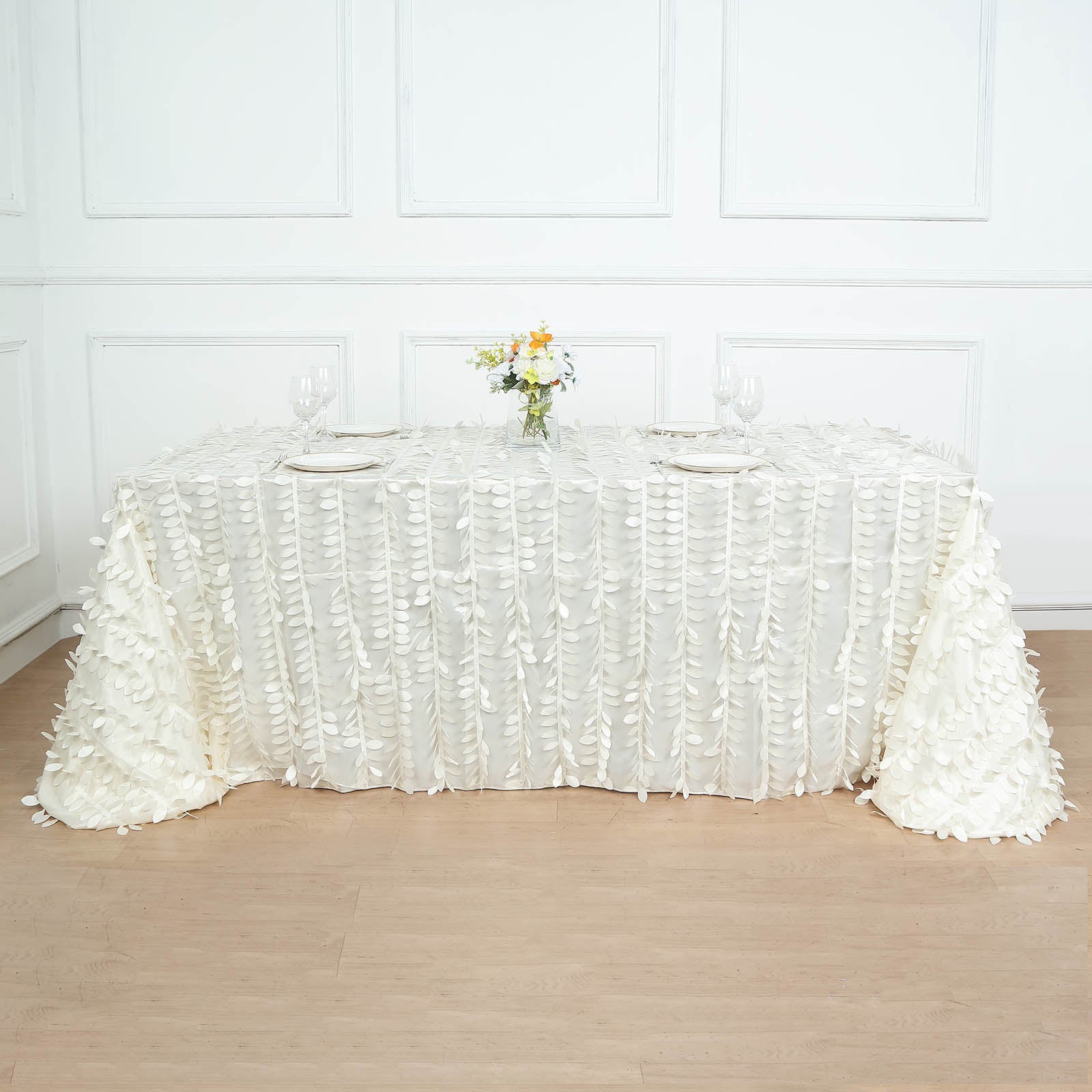 90x156inch Ivory 3D Leaf Petal Taffeta Fabric Rectangle Tablecloth
