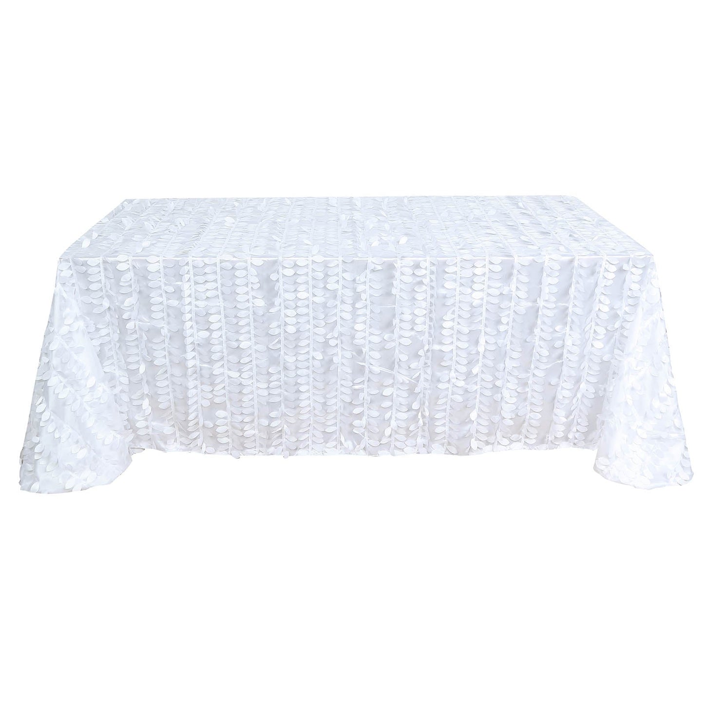 90x156inch White 3D Leaf Petal Taffeta Fabric Rectangle Tablecloth