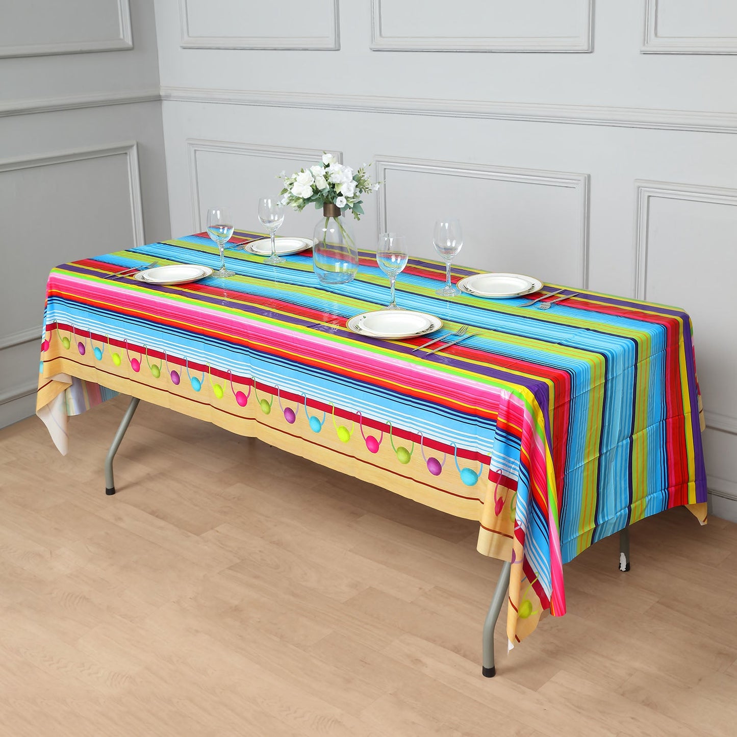 Colorful Mexican serape table cover for Cinco De Mayo, 54"x108", waterproof and disposable.