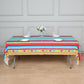 Colorful striped Mexican serape table cover for Cinco de Mayo celebrations.