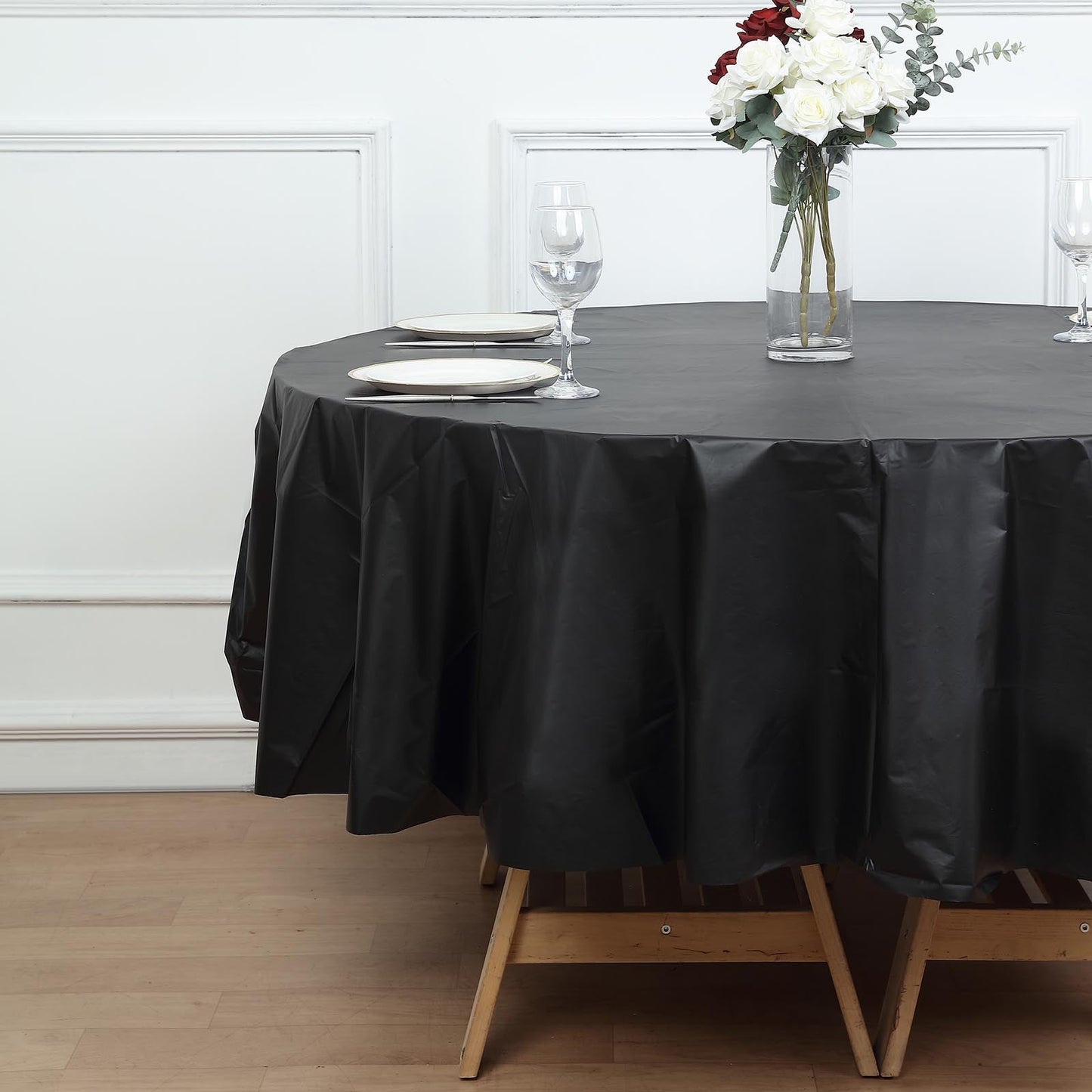 84inch Black Crushed Design Round Waterproof Plastic Tablecloth, Spill Proof Disposable Tablecloth
