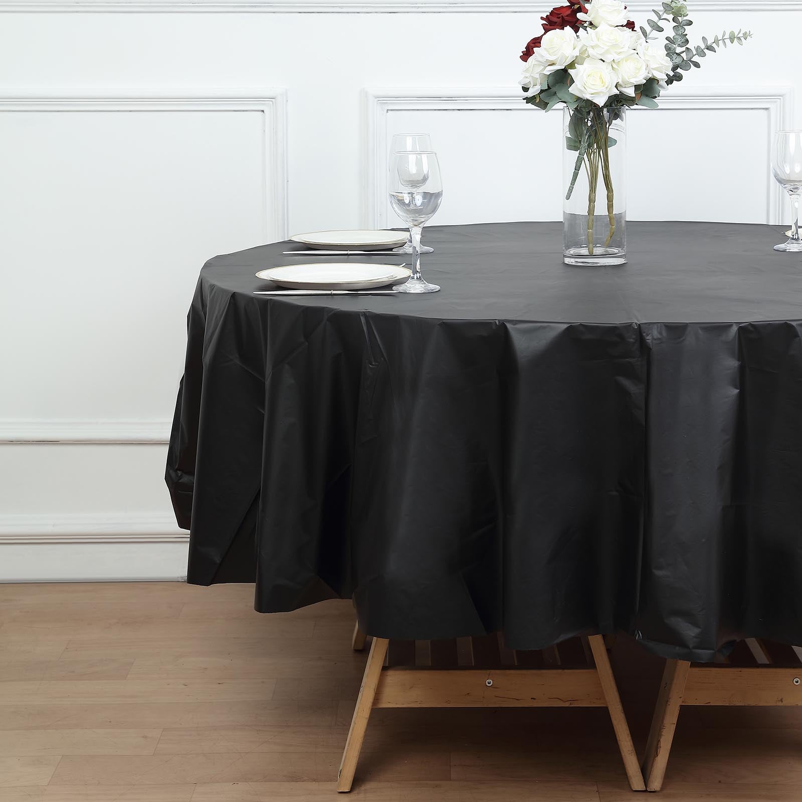 84inch Black Crushed Design Round Waterproof Plastic Tablecloth, Spill Proof Disposable Tablecloth