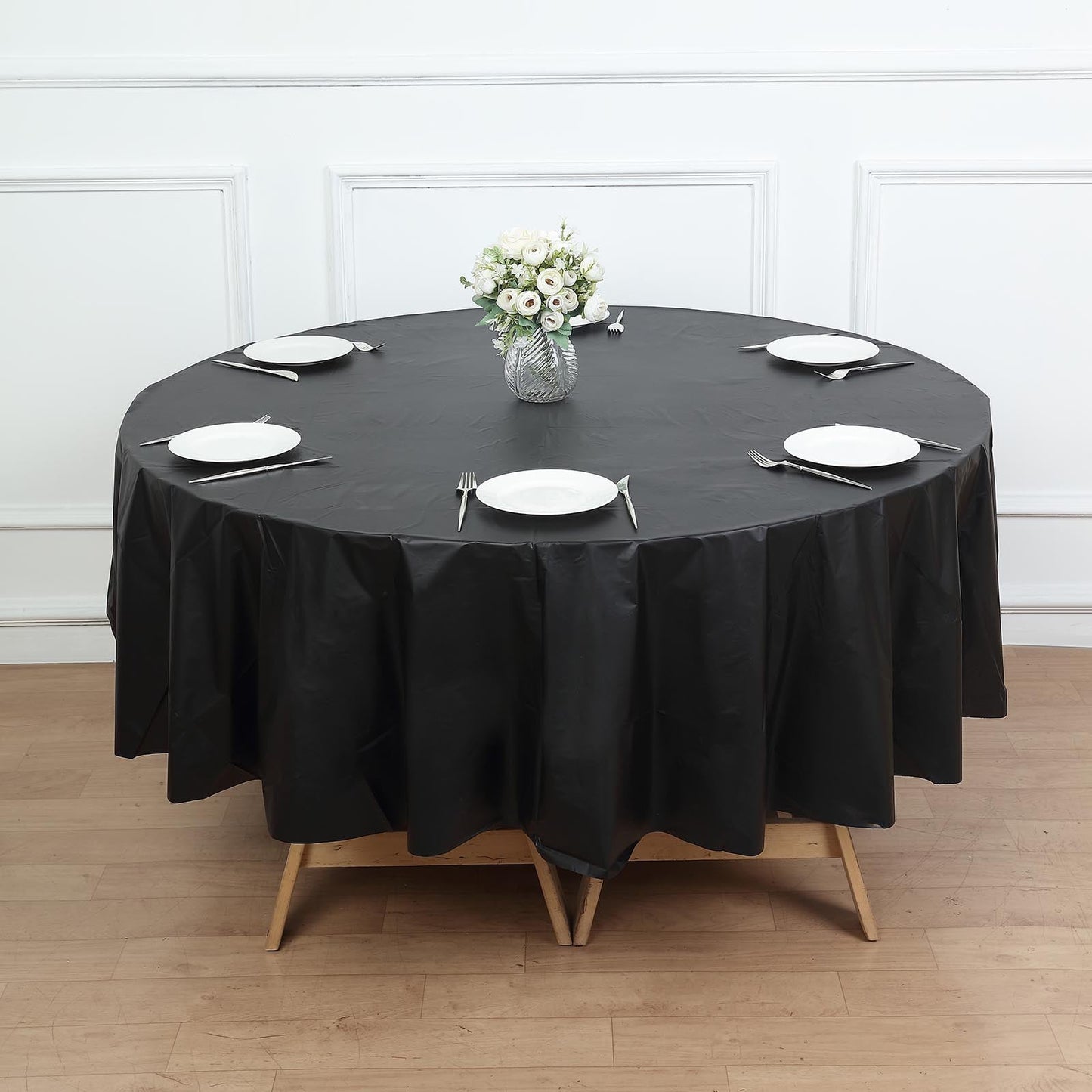 84inch Black Crushed Design Round Waterproof Plastic Tablecloth, Spill Proof Disposable Tablecloth