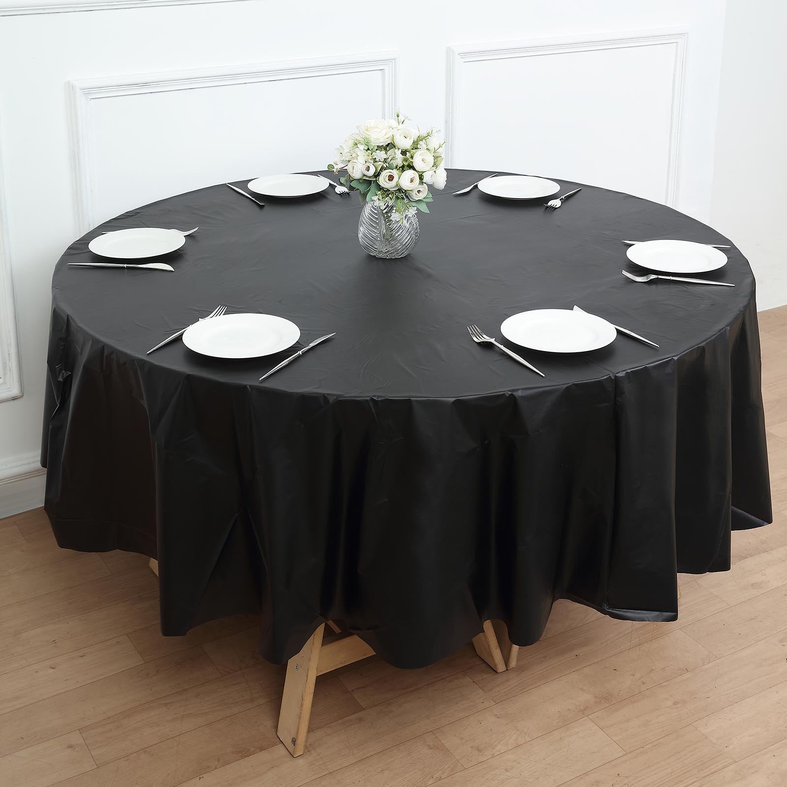 84inch Black Crushed Design Round Waterproof Plastic Tablecloth, Spill Proof Disposable Tablecloth
