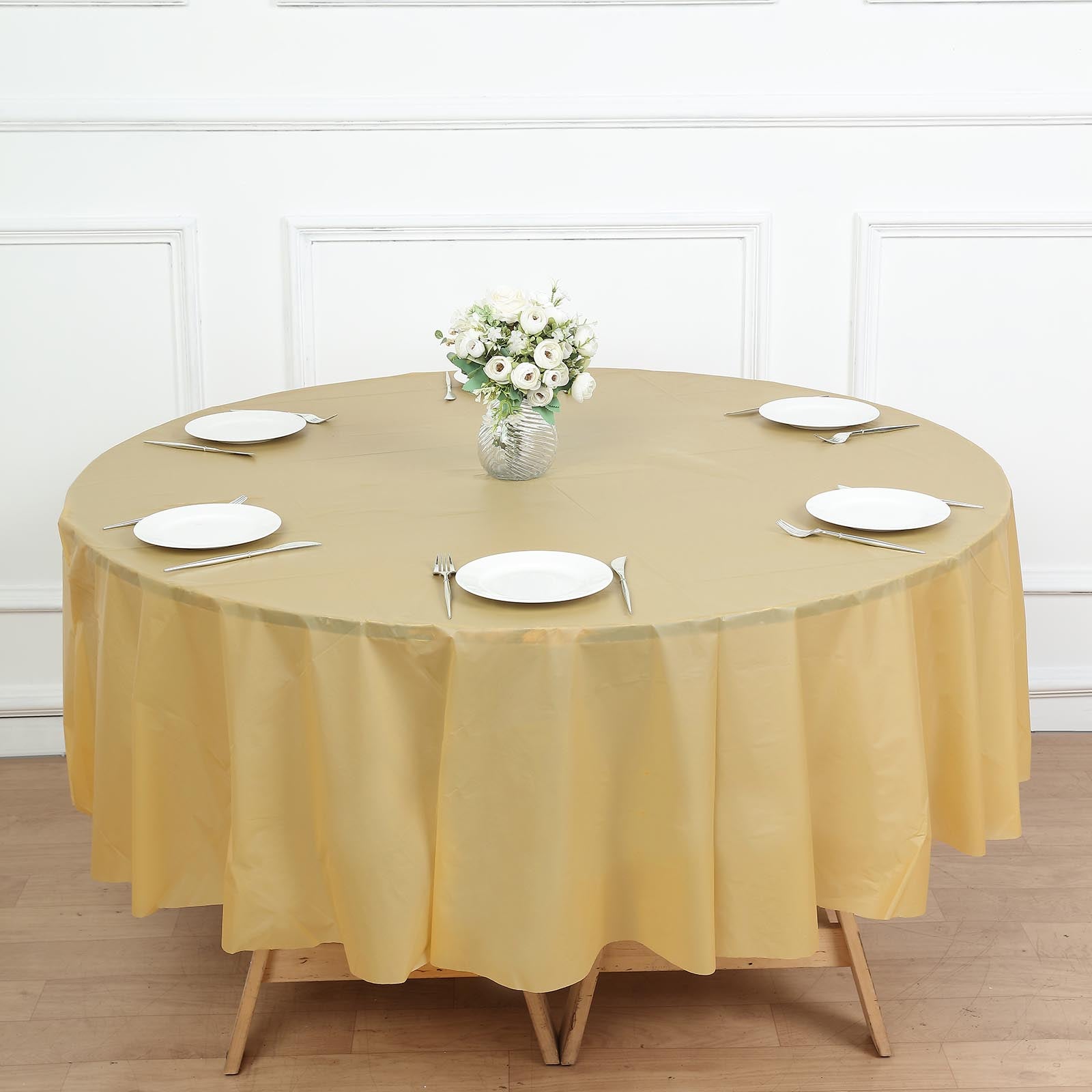 84inch Gold Crushed Design Round Waterproof Plastic Tablecloth, Spill Proof Disposable Tablecloth