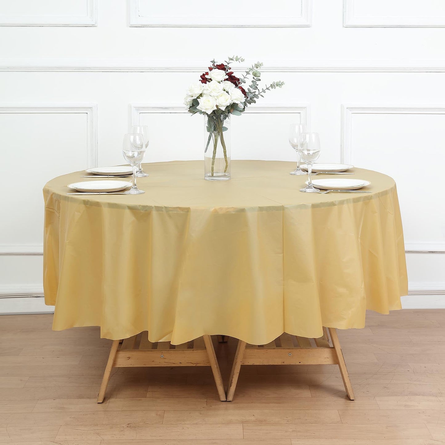 5 Pack Gold Round Plastic Table Covers, 84" PVC Waterproof Disposable Tablecloths