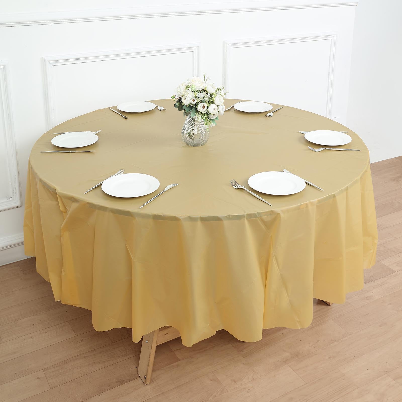 84inch Gold Crushed Design Round Waterproof Plastic Tablecloth, Spill Proof Disposable Tablecloth