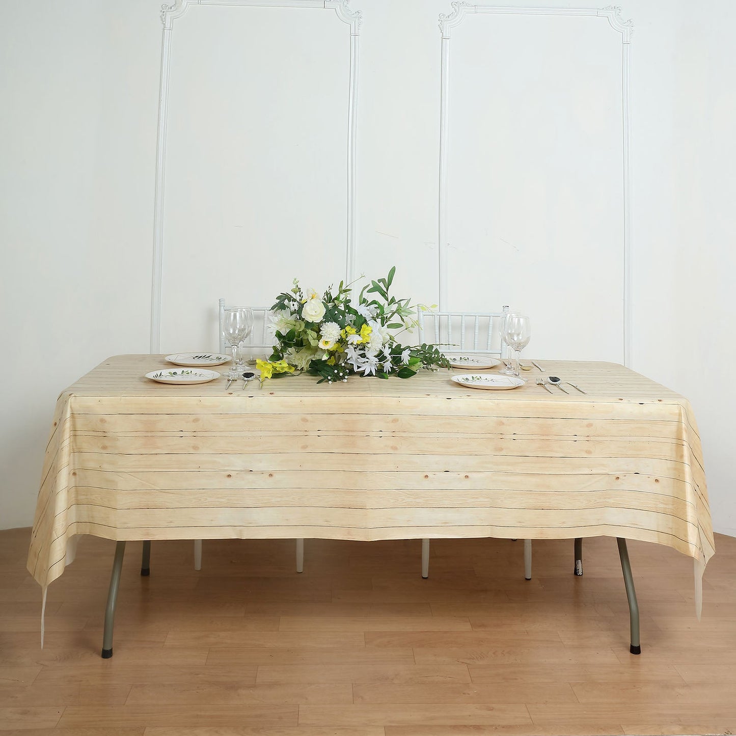 Natural Rectangle Plastic Table Cover in Rustic Wooden Print, 52"x108" PVC Waterproof Disposable Tablecloth
