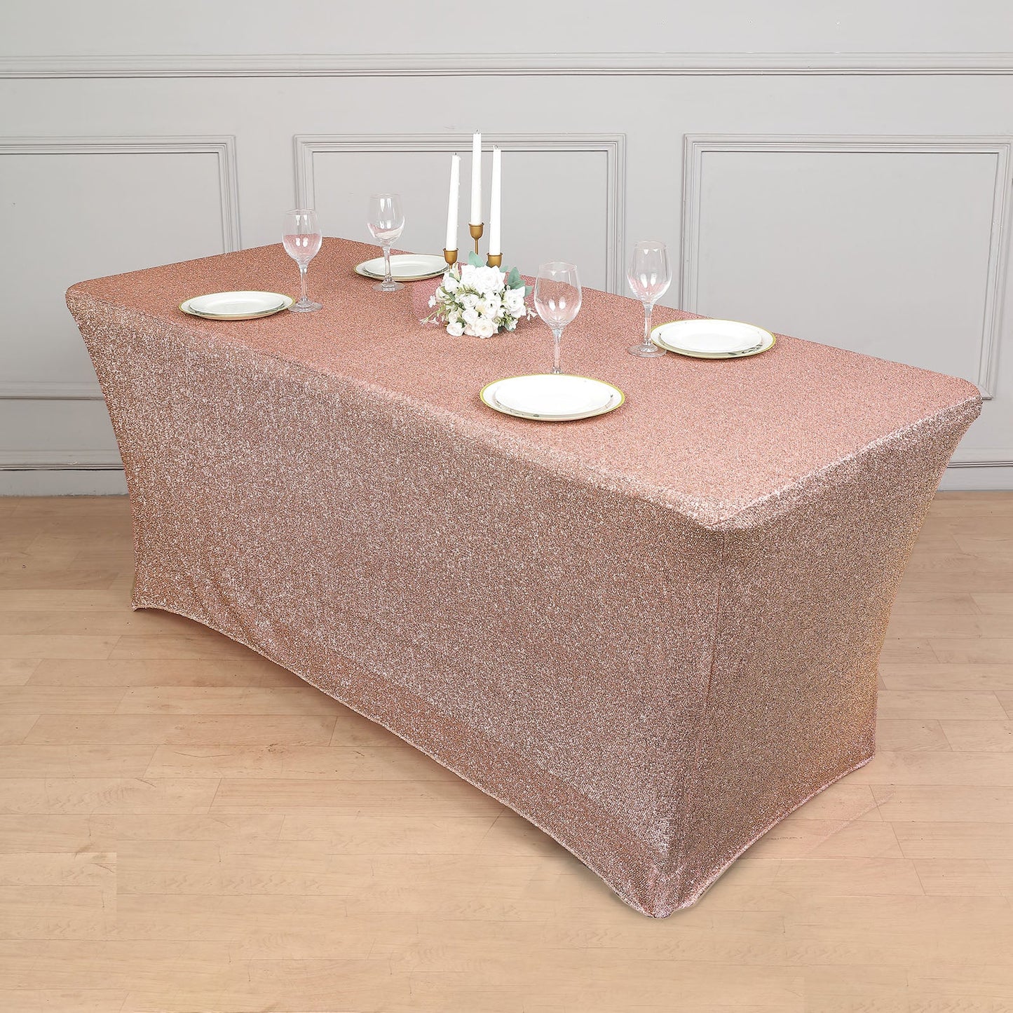 Rectangular 6 Feet Blush & Rose Gold Metallic Tinsel Shimmer Spandex Table Cover 