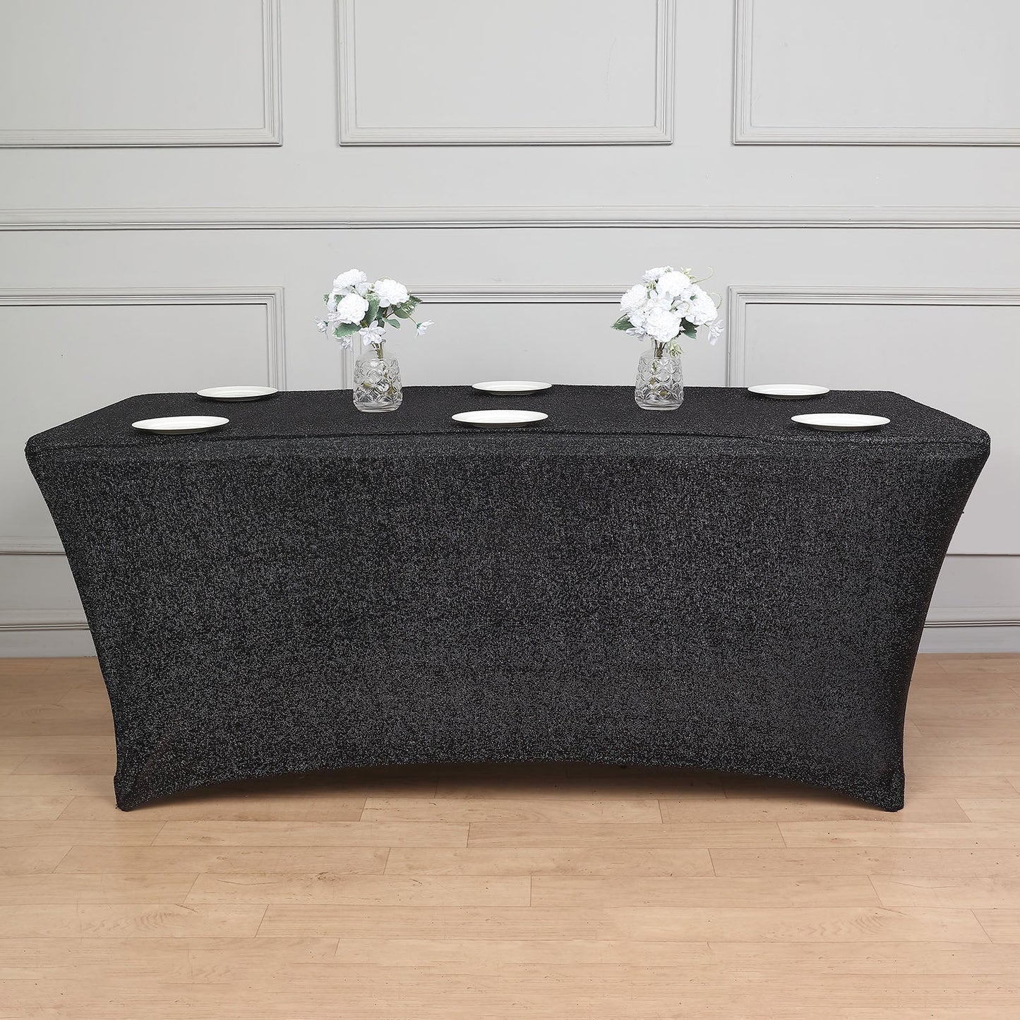 Black Metallic Shimmer Tinsel Spandex Tablecloth 6ft Rectangle Fitted Table Cover for 72"x30" Tables
