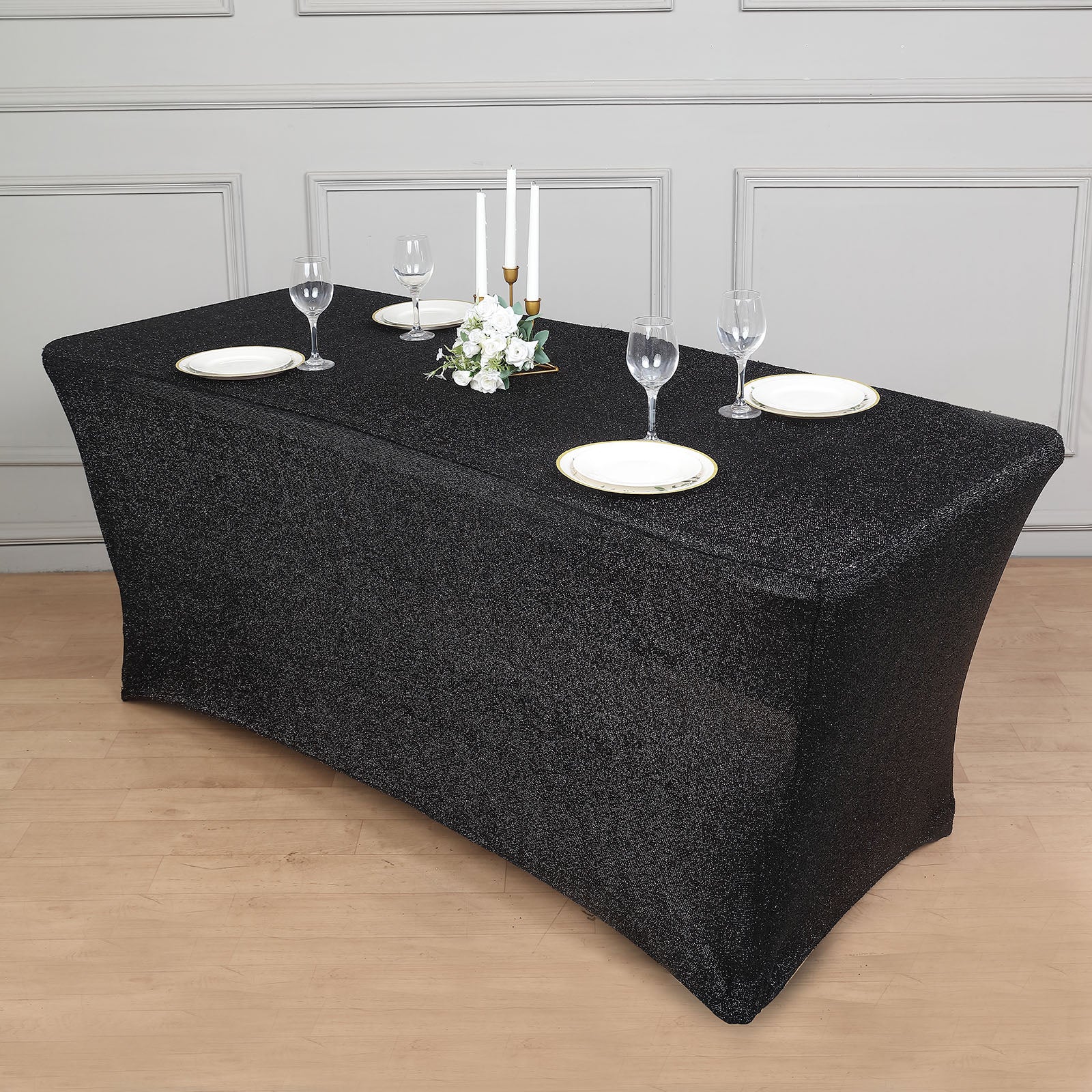 Rectangular 6 Feet Black Metallic Tinsel Shimmer Spandex Table Cover 