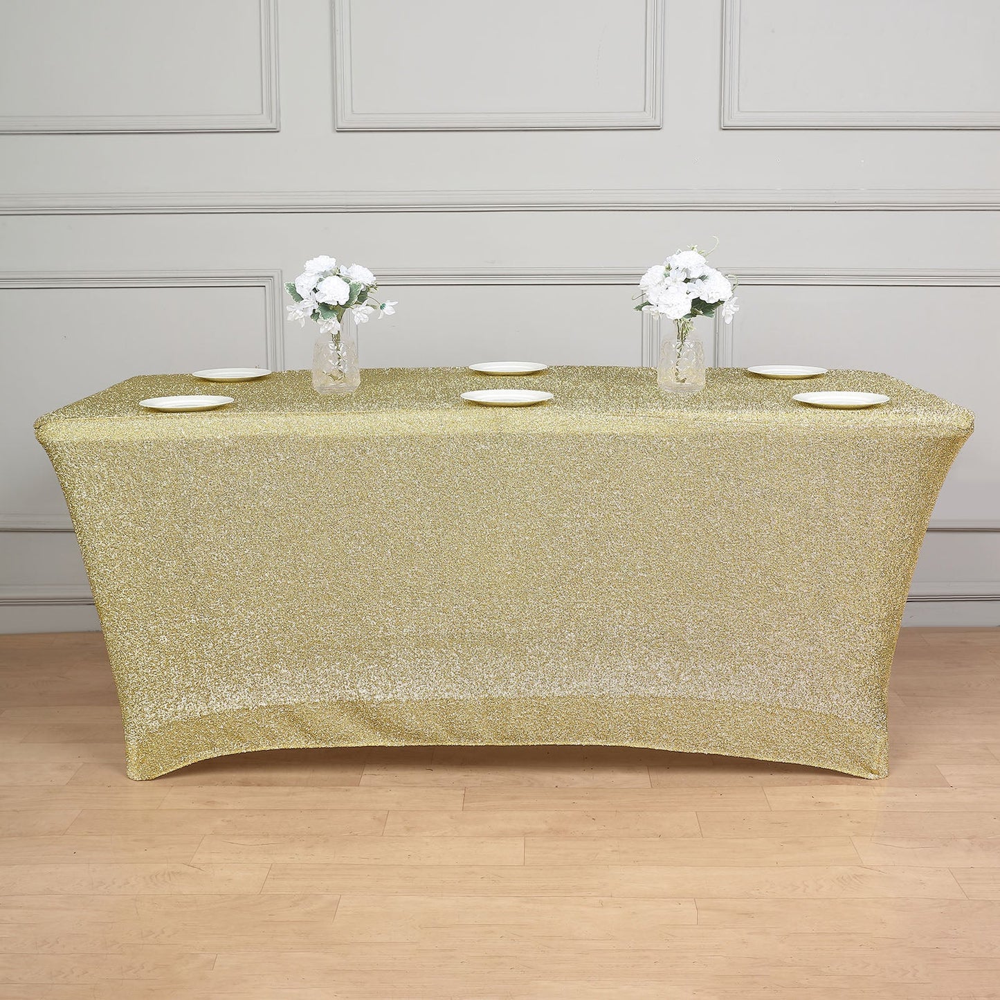 Champagne Metallic Shimmer Tinsel Spandex Tablecloth 6ft Rectangle Fitted Table Cover for 72"x30" Tables
