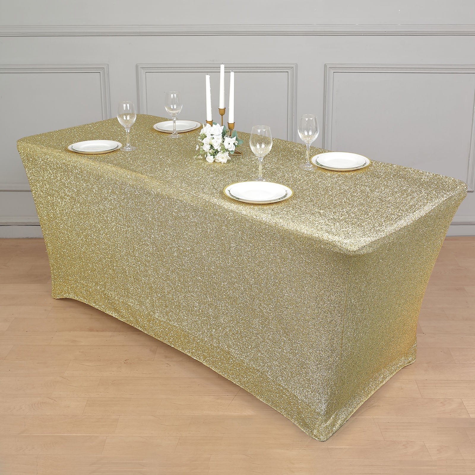 Rectangular 6 Feet Champagne Metallic Tinsel Shimmer Spandex Table Cover 